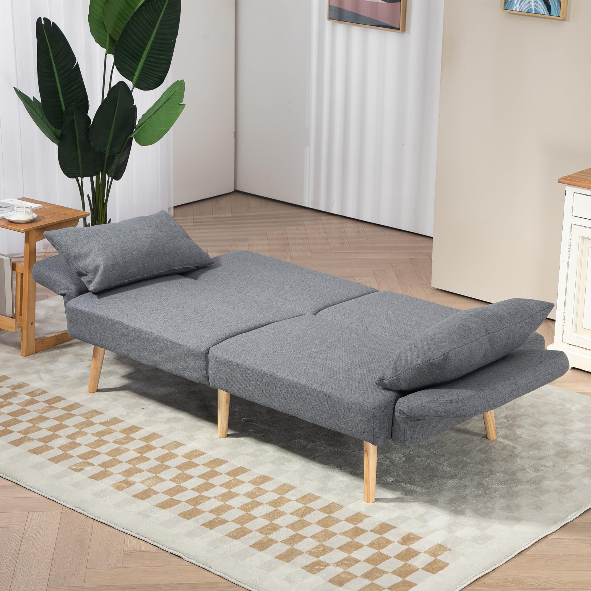 HOMCOM Canapé Convertible 3 Places Canapé-Lit 2 Places Clic Clac Gris | Dossier Inclinable, Accoudoirs Réglables, Tissu Effet Lin, Pieds en Bois Massif, 2 Coussins Lavables