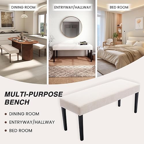 Miniatura 7 de LIVINOVA Farmhouse - Juego de 2 asientos de comedor tapizados de tela de lino de 45 pulgadas con patas de madera negra, banco moderno de mediados de