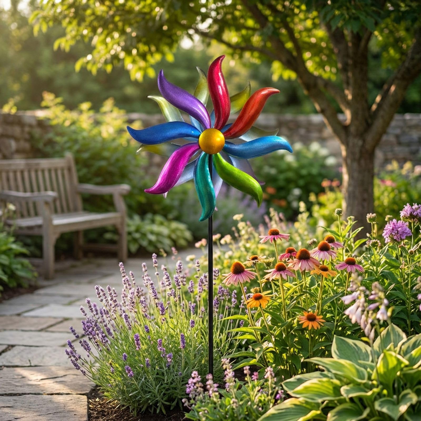 Kremers Schatzkiste Windrad Garten Metall bunt kugelgelagert Windspiel Ø 30 cm / 120 cm mit Erdspieß | Wetterfeste Gartendeko für Beet, Rasen & Terrasse | Vogelabwehr