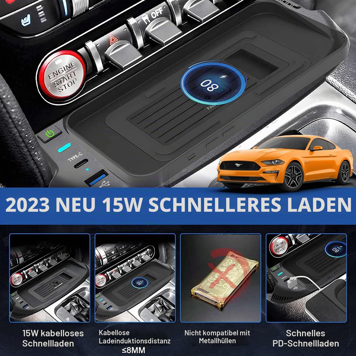 Kabelloses Ladegerät Auto für Ford Mustang Coupe Convertible GT Shelby 2015-2023, 15W Wireless Schnellladendes Handy-Ladegerät mit QC3.0-USB-Anschluss für iPhone 12/13/13Pro Samsung S22/S21