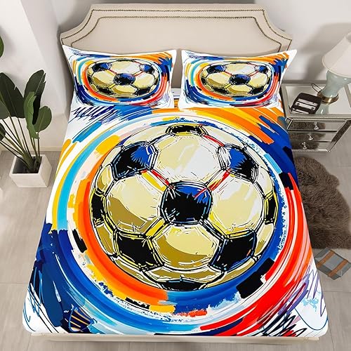 Miniatura 3 de Erosebridal Juego de ropa de cama deportiva tamaño matrimonial colorido con grafiti para fútbol, sábanas de fútbol para niños, adolescentes,