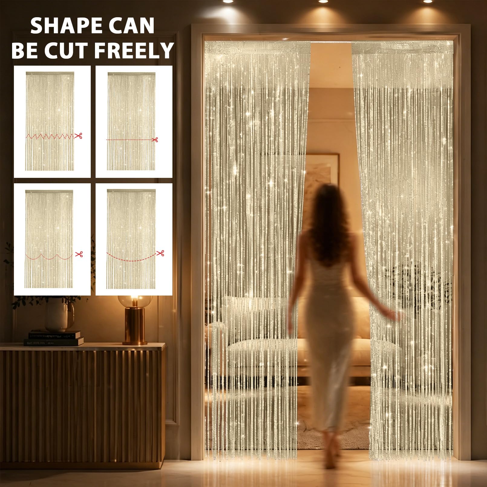 Set di 4 tende a fili glitterate da 100 x 200 cm, tenda per porta e divisorio in perle, per matrimoni, bar e balconi, protezione dagli insetti e decorazione in una (champagne)