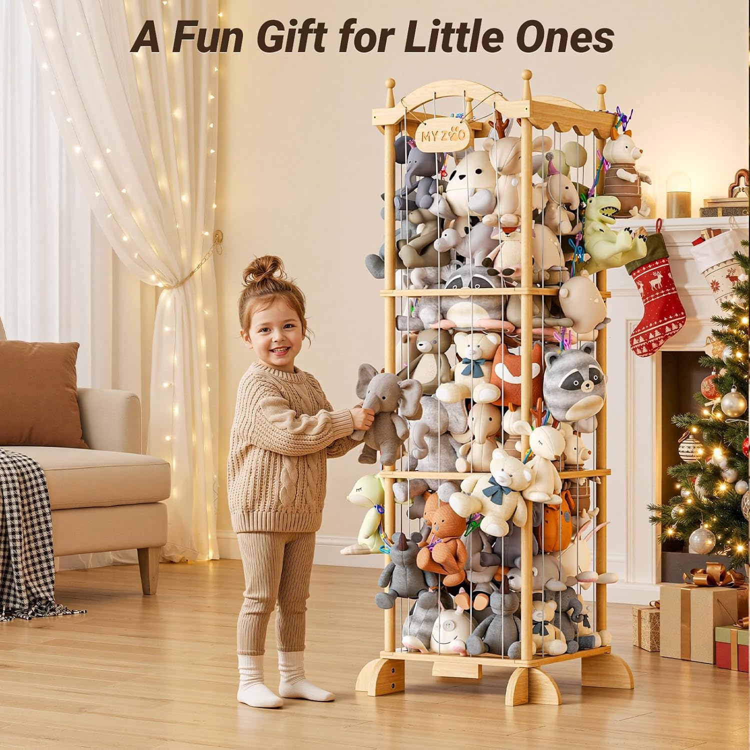 COSYLAND Stuffed Animal Storage Organizer for Kids Room - Large Pine Wood Plush Toy Holder with Elastic Cords & Nameplate - Cute Castle Toy Zoo for Toddler Room & Corner (Colorful Chain)