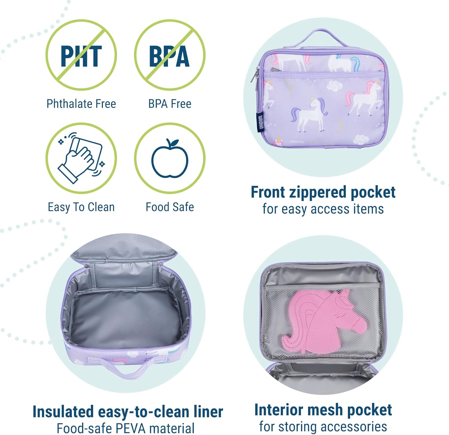 Wildkin Kids Lunch Box Bag Bundle with Bento Box - Leak-Resistant Reusable Lunch Set for School & Travel, Keeps Food Fresh - Unicorn