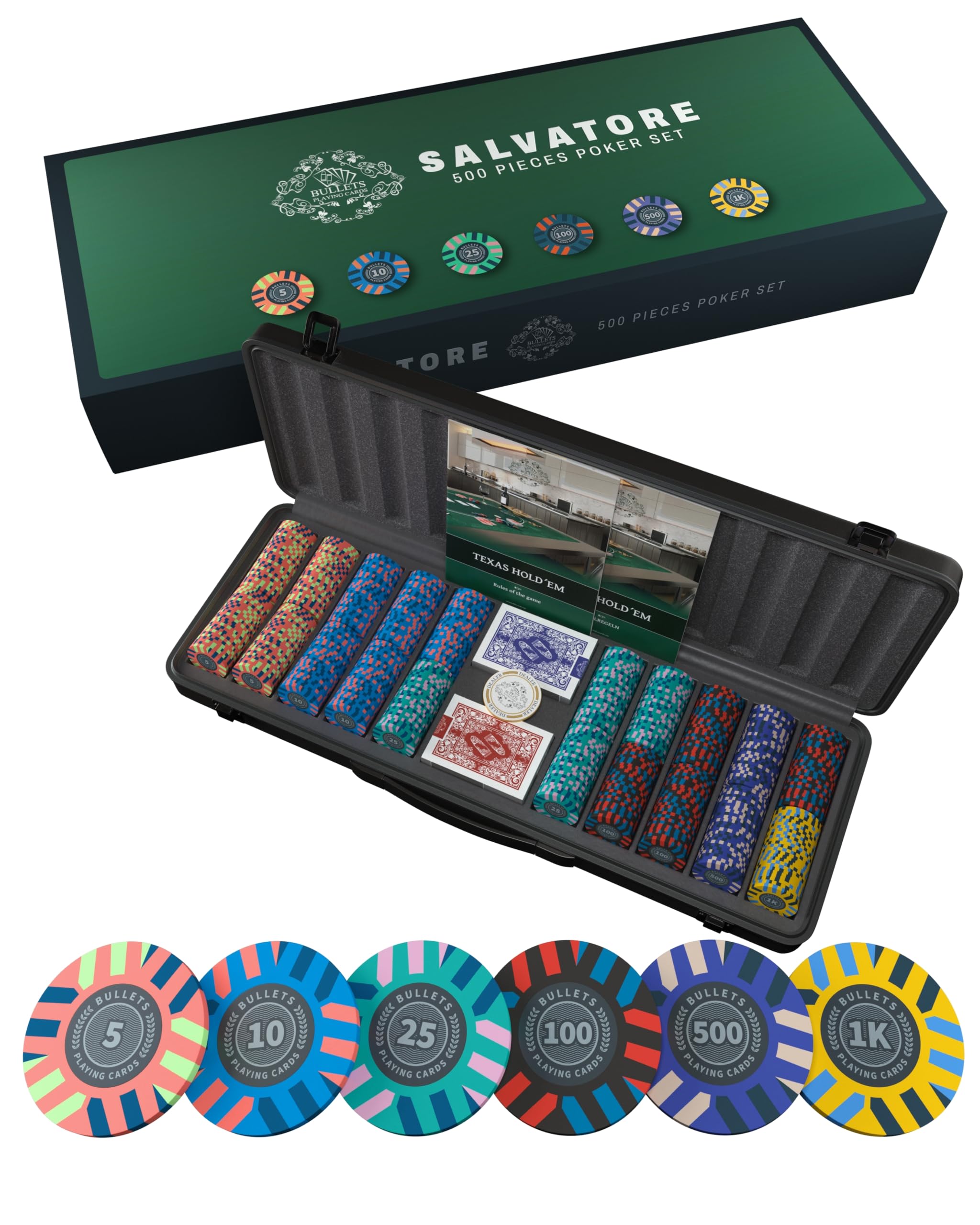 Bullets Playing Cards | Juego de póquer Salvatore | 500 fichas de póquer de arcilla (10 g) con estuche de aluminio, cartas de plástico y dados - Texas Hold'em, valores numerados
