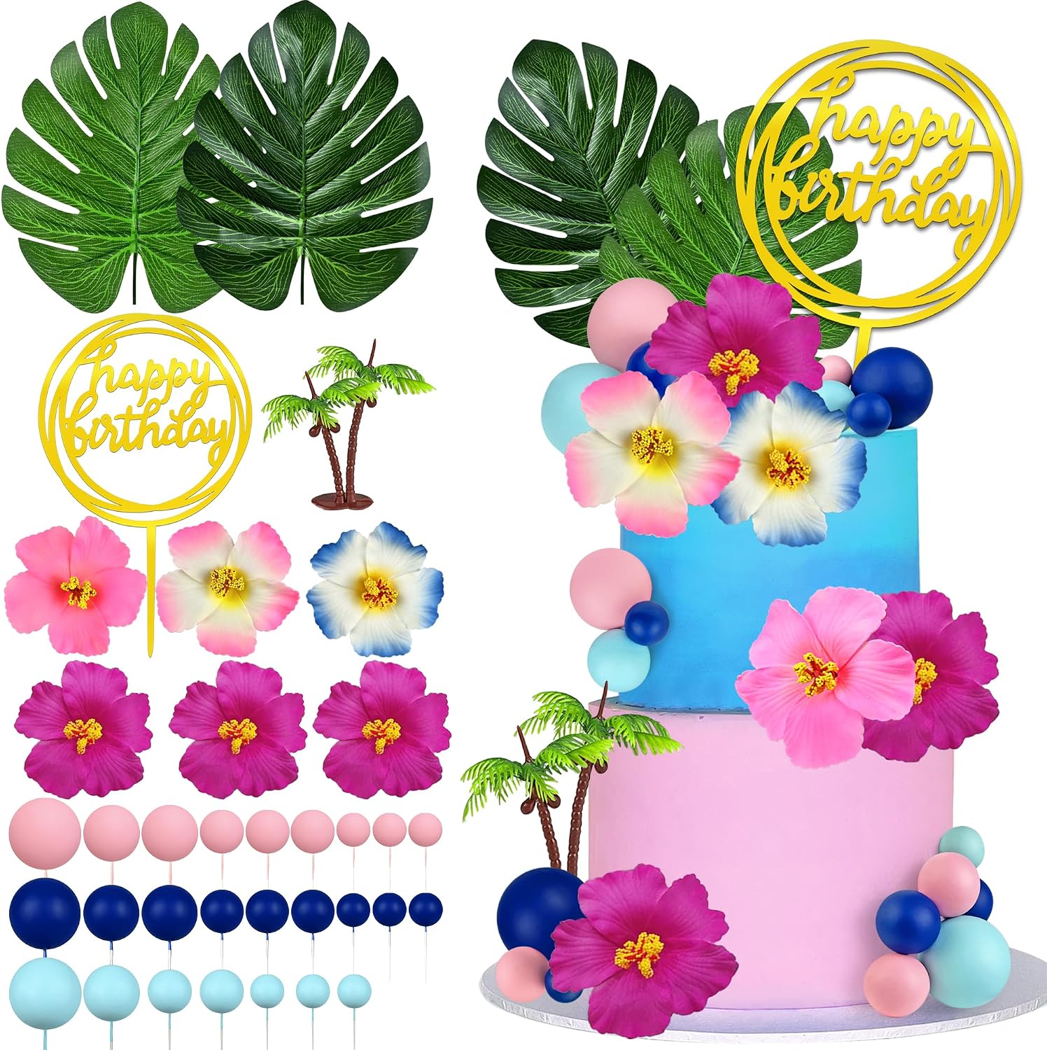 36pcs Hawaiian Flower Cake Topper with Palm Leaves and Summer Flowers Suitable for Summer Themed Birthday Cake Decoration (Rose Orange)