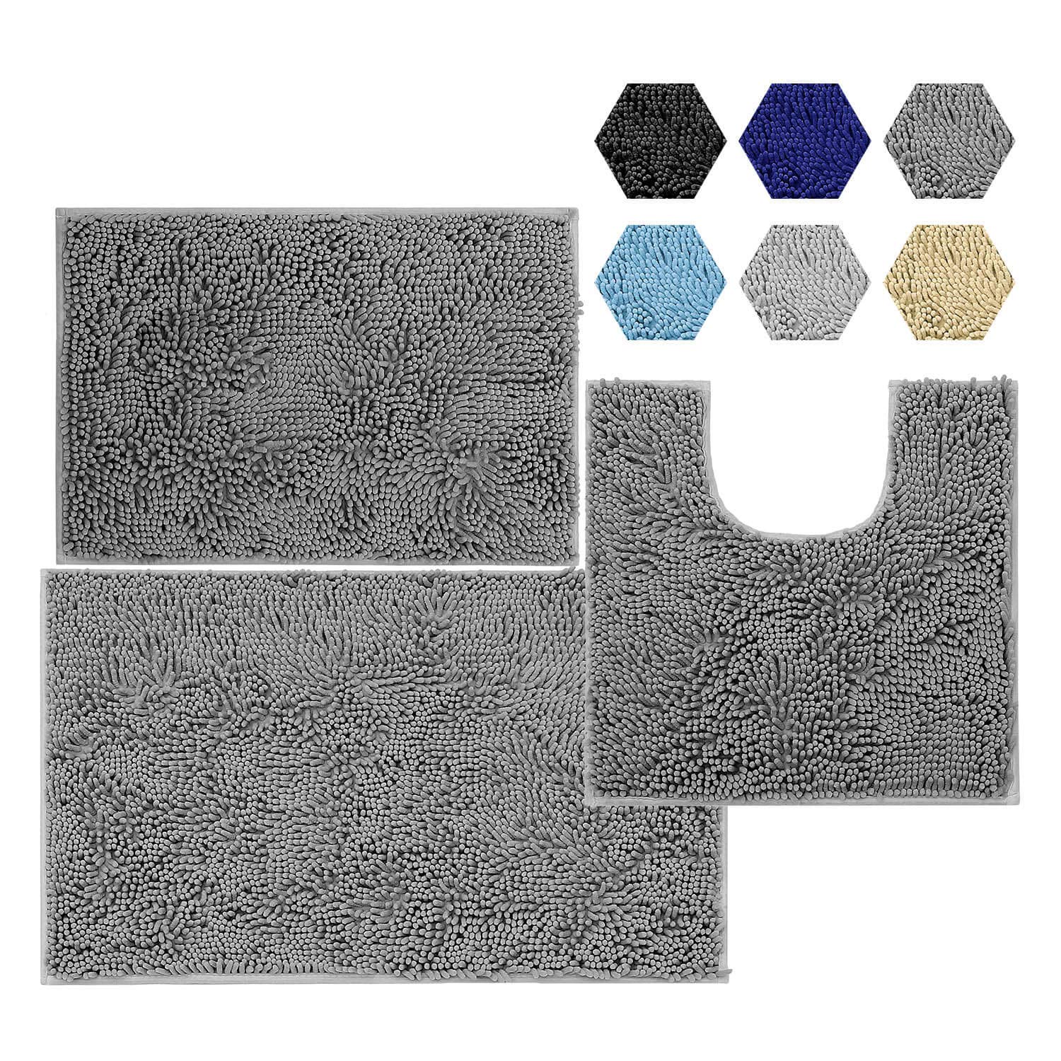 KINMEGO 3 Piece Bathroom Rug Set, Chenille Bathroom Set Bath Mat Rug, Contour, and Tub, Soft Shaggy and Comfortable, Super Absorbent and Thick, Non-Slip, Machine Washable (Long-Woolen, Grey)