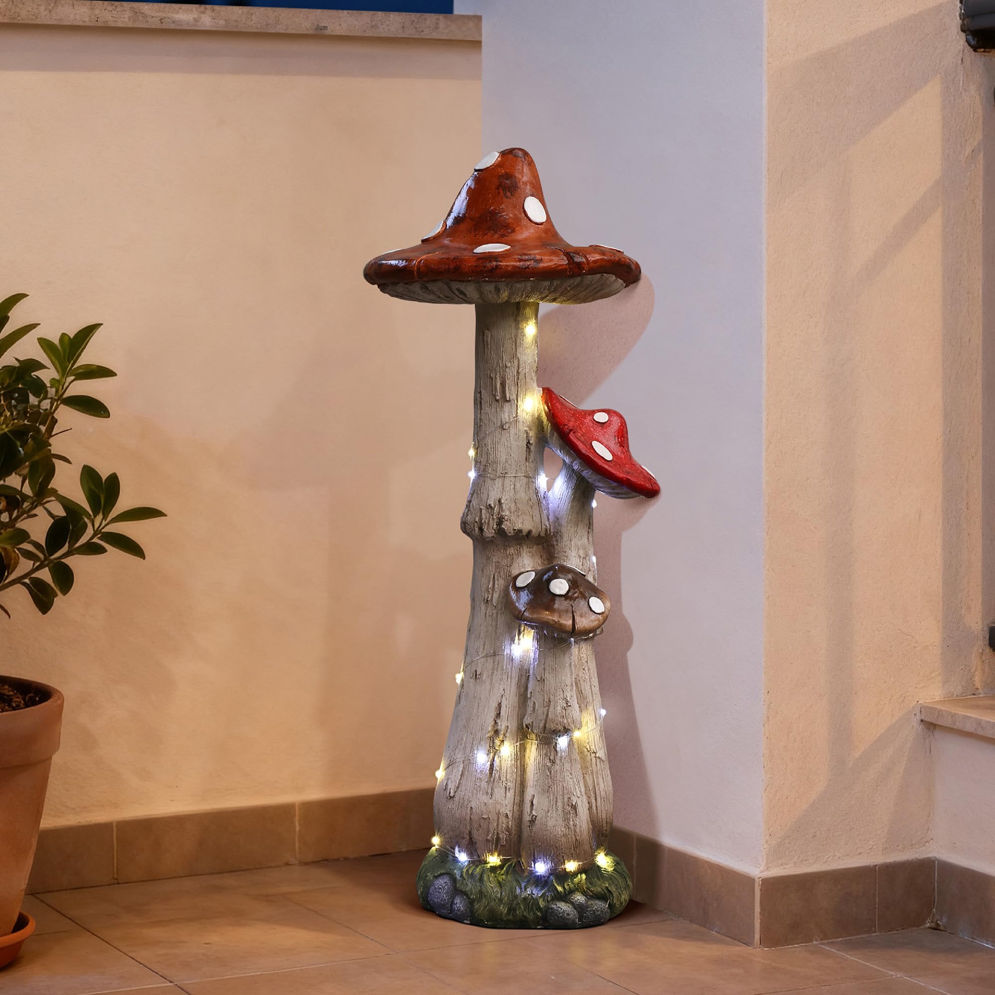 Hometopia 80cm Solar Gartenskulptur Pilz mit LED-Lichterkette – Wetterfeste Gartenfigur aus MGO – Große Pilz-Deko für Garten, Vorgarten & Terrasse Mama Oma