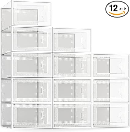 SEE SPRING Large 12 Pack Shoe Storage Box, Clear Plastic Stackable Shoe Organizer for Closet, Space Saving Foldable Shoe Rack Sneaker Container Bin Holder