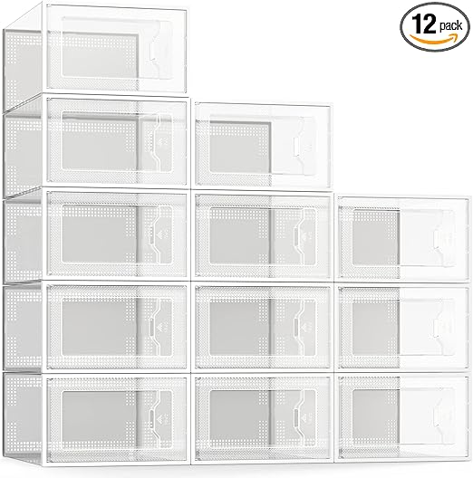 SEE SPRING 12 Pack Shoe Storage Box, Clear Plastic Stackable Shoe Organizer for Closet, Space Saving Foldable Shoe Rack Sneaker Container Bin Holder