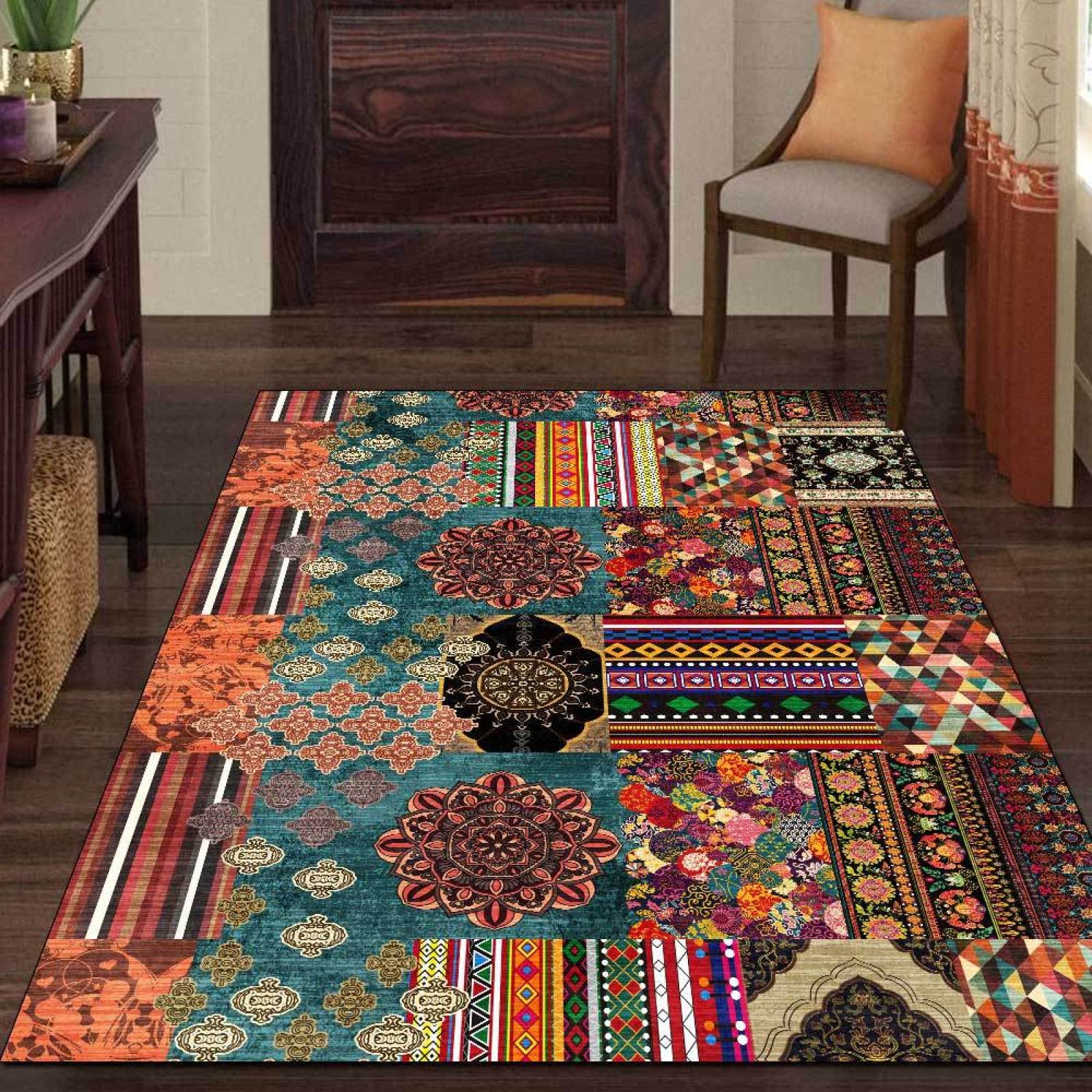 Tapis de grand salon colorblock ethnique vert 160x230 cm pour salle à manger