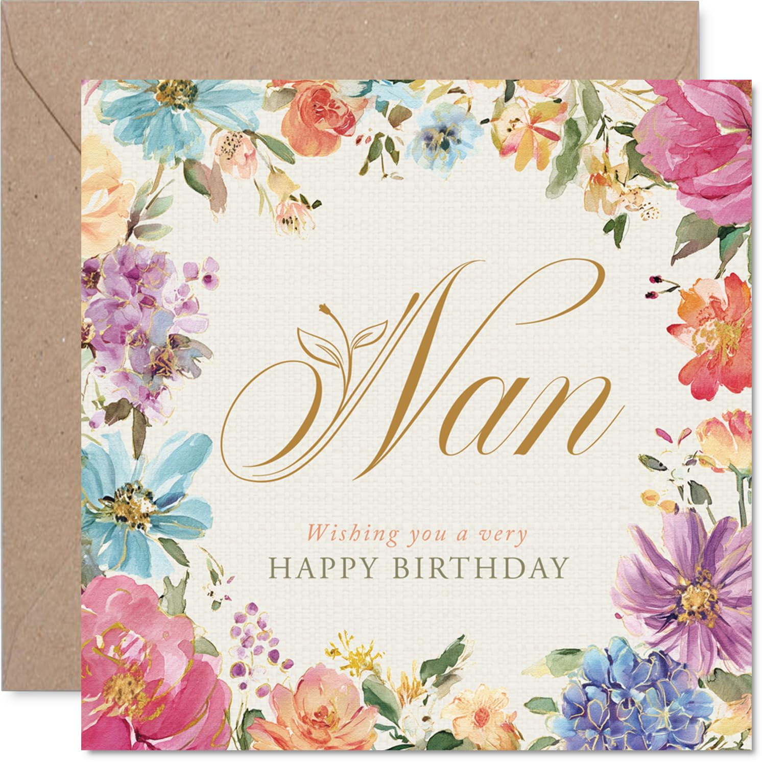 Heartfelt Birthday Card for Nan - Bursting with Birthday Cheer - Elegant Floral Border with Uplifting Typography - 145mm Square, Envelope Included