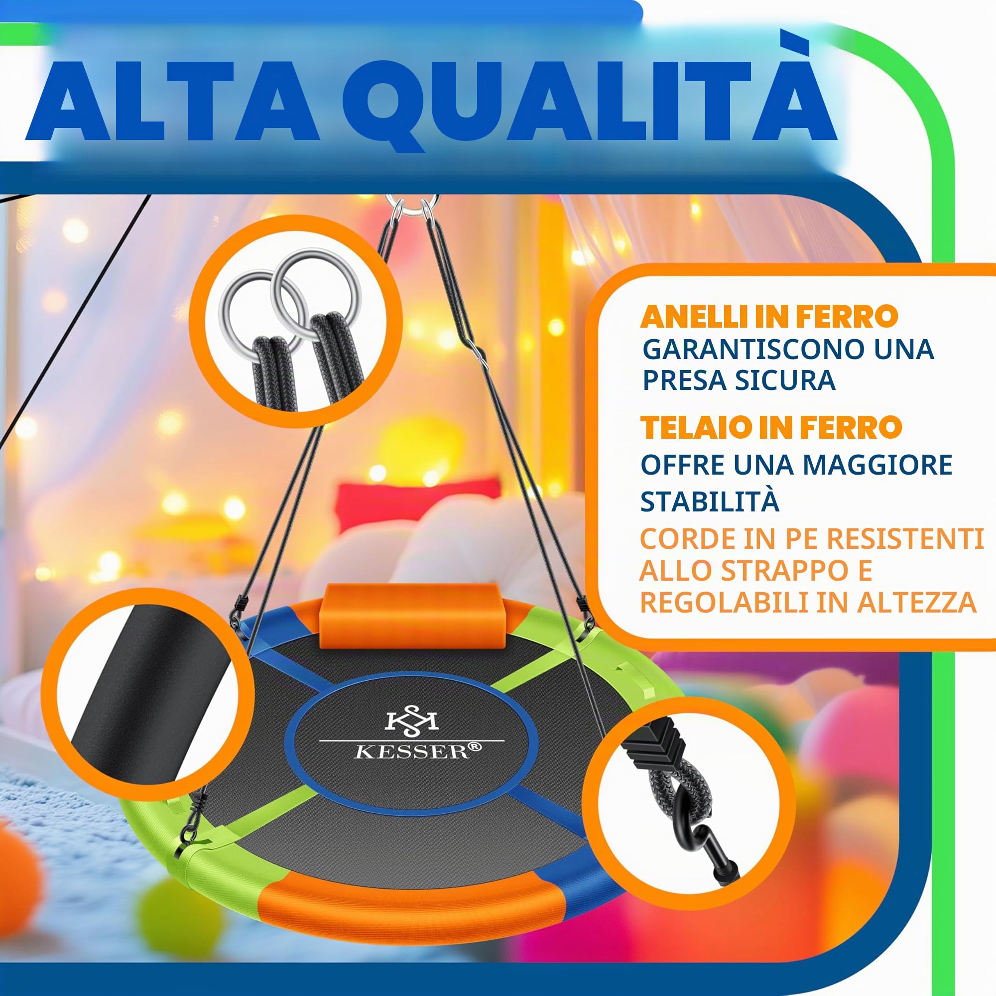 KESSER® Altalena a Rete Rotonda Regolabile per Bambini e Adulti, 120 cm, Multicolore