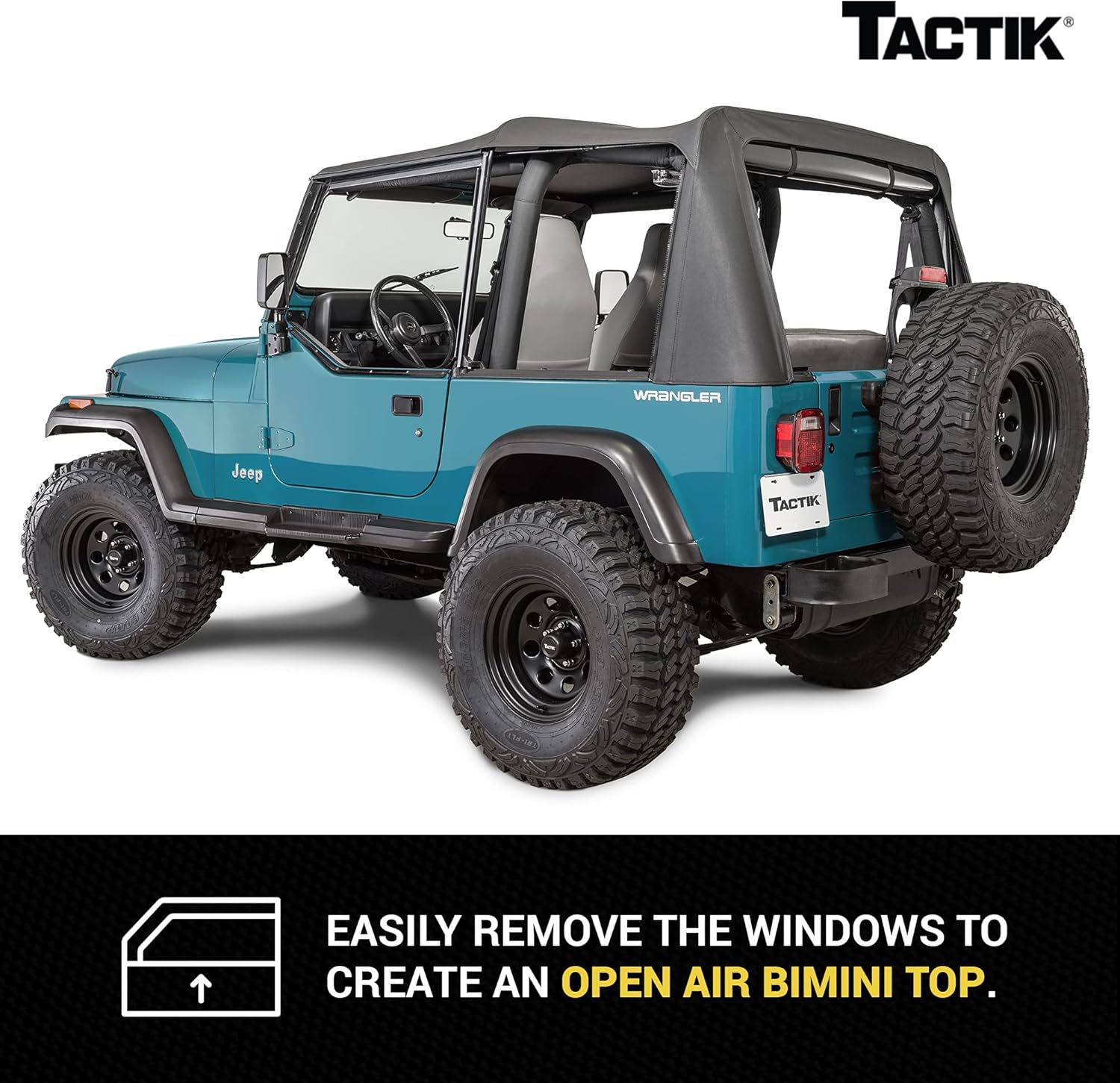 TACTIK Fabric Only Replacement Soft Top - Fits Jeep Wrangler 1988-1995 YJ - Custom-Fit Fabric Roof with Removable Side and Back Window (With Door Skins, Black Diamond)