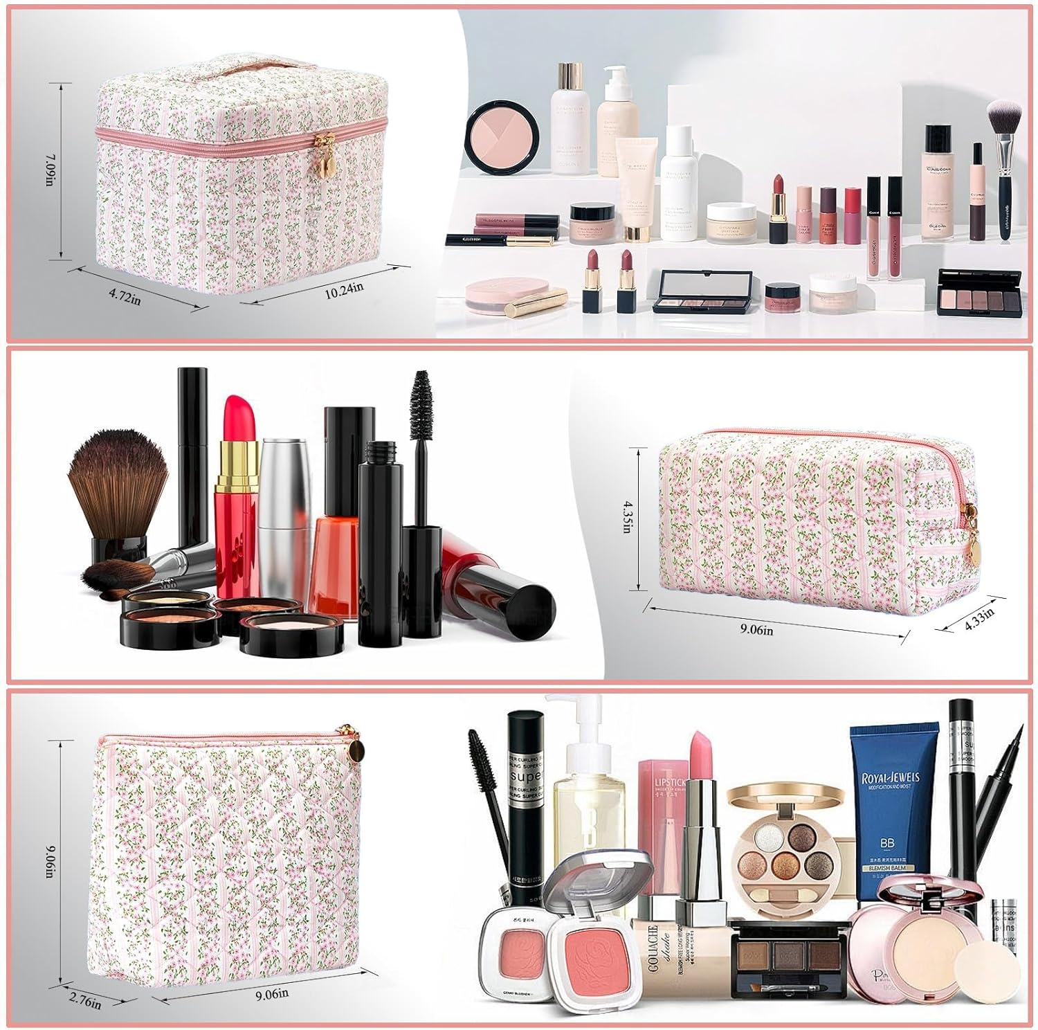 3Pcs Quilted Pink Floral Makeup Bag Cosmetic Bag for Women Teen Girls,Cute Flowers Make Up Bags,Aesthetic Large Cotton Cosmetic Pouch,Flower Coquette Travel Toiletry Organizer Storage Bag - Image 2