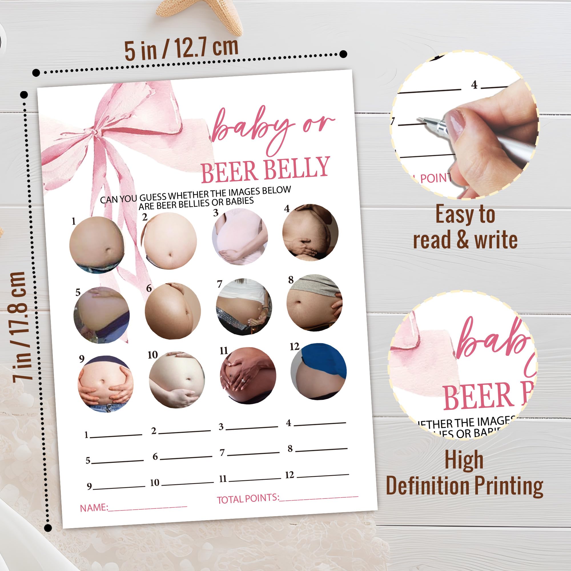 Karty do gier dla niemowląt lub piwa, baby shower, 25 neutralnych płci kart z 1 kartą odpowiedzi, różowy łuk, ujawnienie płci, zestaw akcesoriów imprezowych, dekoracje na baby shower (13 x 18