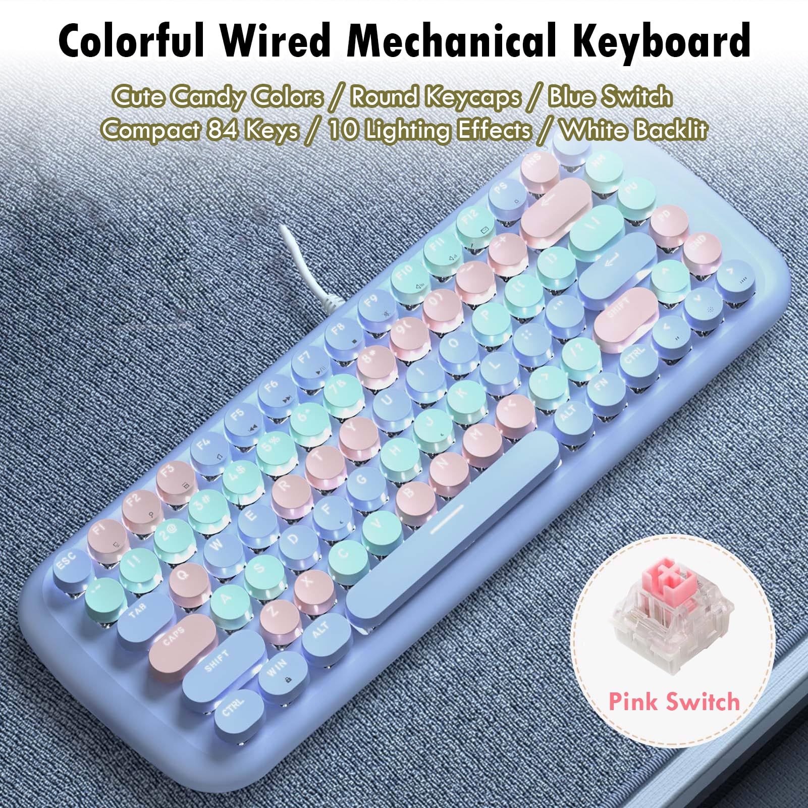 Lomiluskr Simpatica tastiera meccanica colorata con cavo, per ragazze e bambini, tasti rotondi, 84 tasti compatti, 10 effetti di luce retroilluminati bianchi, interruttore rosa (blu)