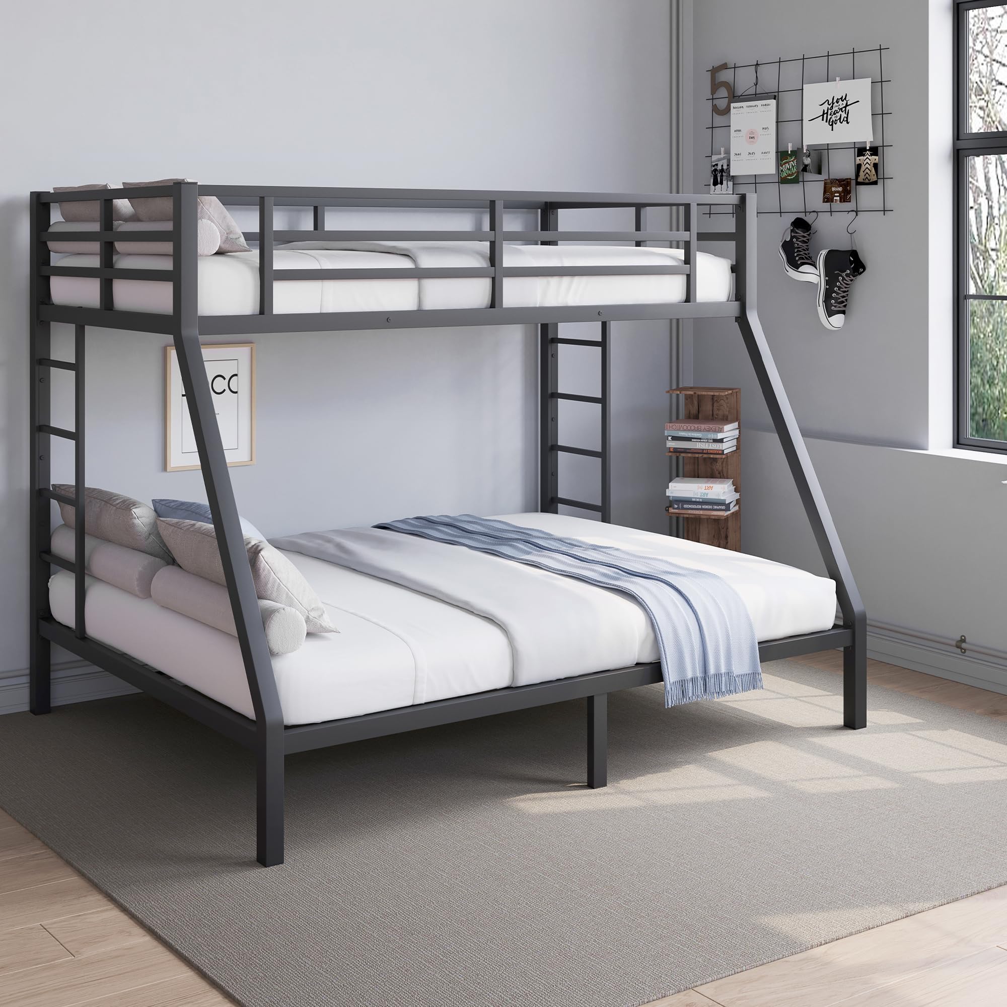 Metal Twin XL Over Queen Bunk Bed for Kids & Adults with Extra Thick Support Columns & Higher Guardrail, 2 Ladders, Squeak-Free, Heavy Duty, No Box Spring Needed, Easy Assembly, Black