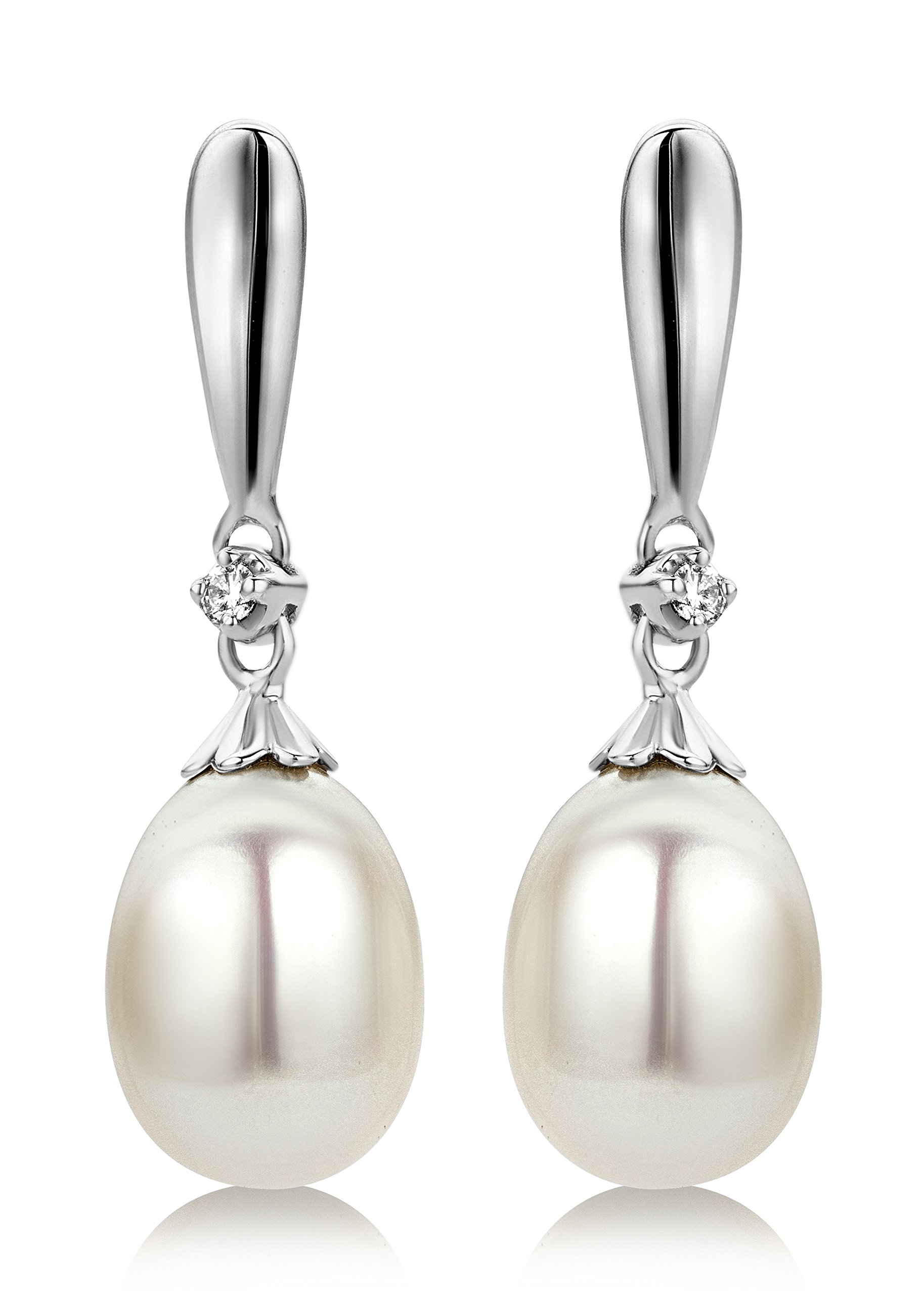 Miore Pendientes de Oro Blanco de 9K con Diamantes y Perlas en Forma de Gota para Mujer