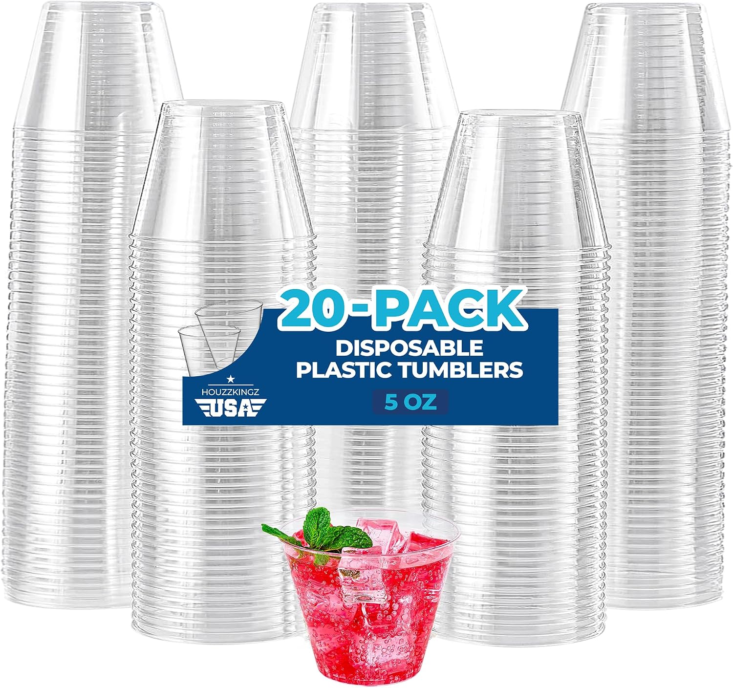 5 Oz Plastic Cups – 20 Small Clear Hard Disposable Water Wine Drinking Cups - Cocktail Glasses for Parties – Durable Cold Tumbler for Punch, Sample, Party, Medication, Dessert, Bathroom Mouth Wash Cup