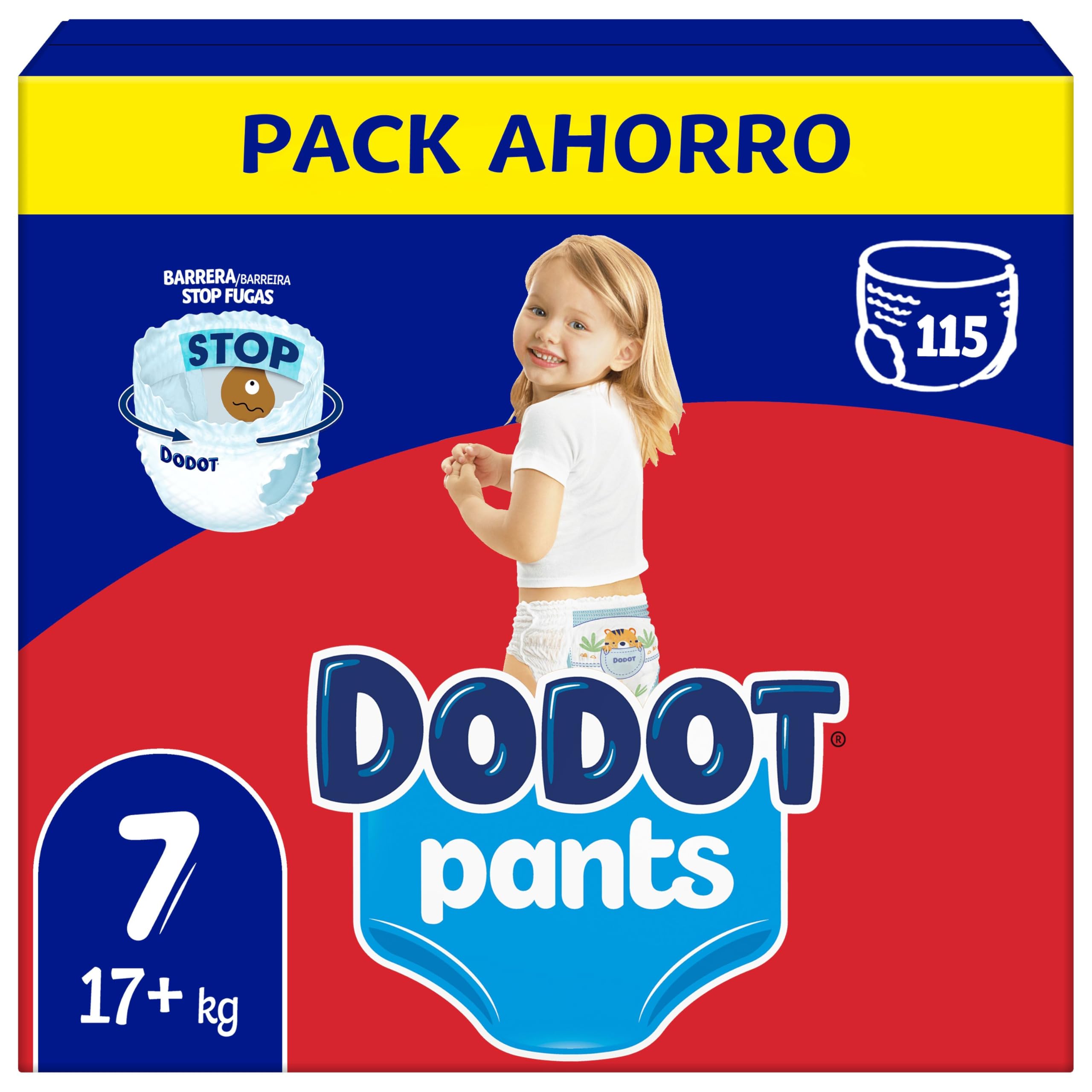 Dodot Bebé Pants Pañales, Talla 7, +17 kg, 115 Pañales, Pañal-Braguita con Ajuste 360° Anti-Fugas, Pack Mensual