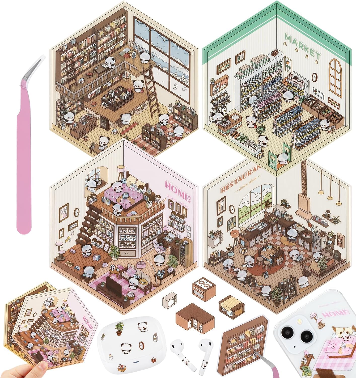 DIY 3Dハウスステッカー4セット、ミニハウスを作ろう、かわいい漫画の動物のシーンステッカー、子供と大人がストレス解消して時間をつぶせます (パンダかわいい)