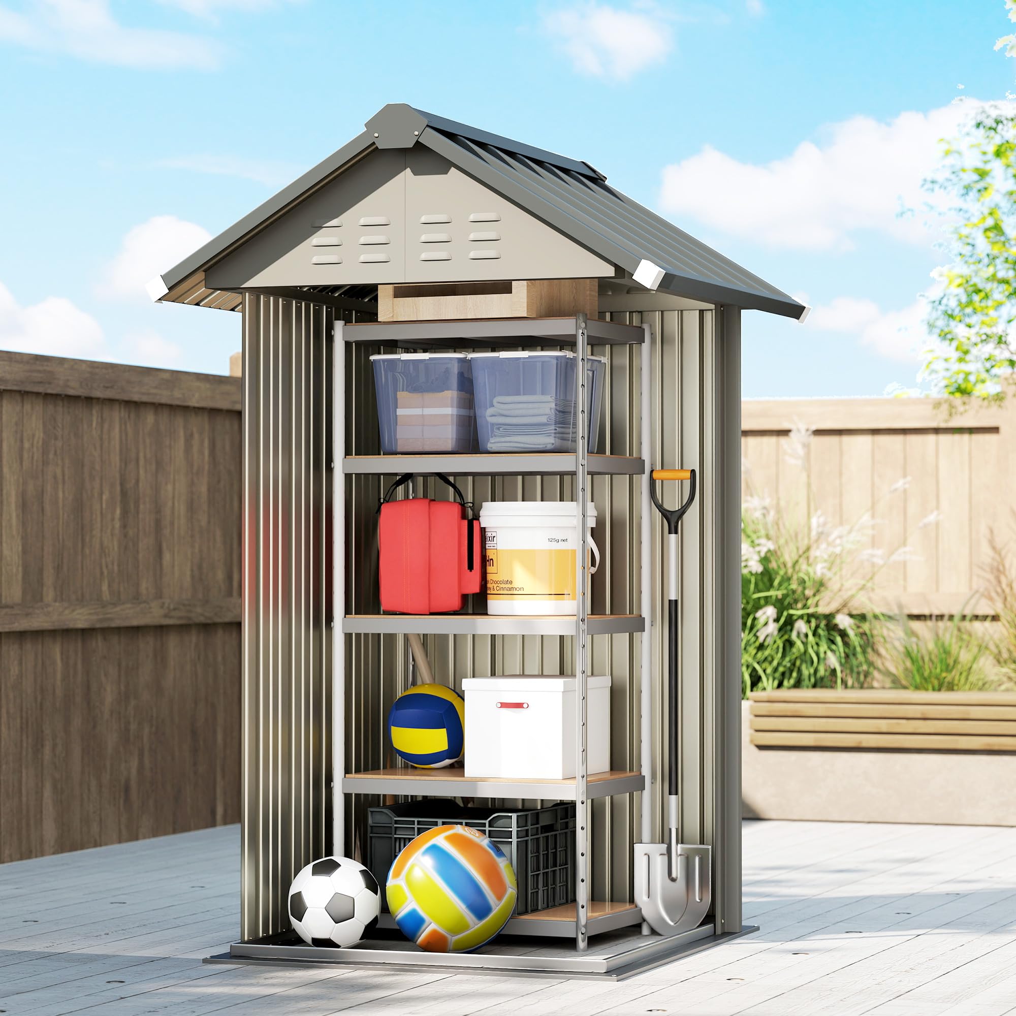 Outsunny Casetta attrezzi metallo 1,17 m² tetto a due falde 122x121x192 cm resistente intemperie grigio chiaro