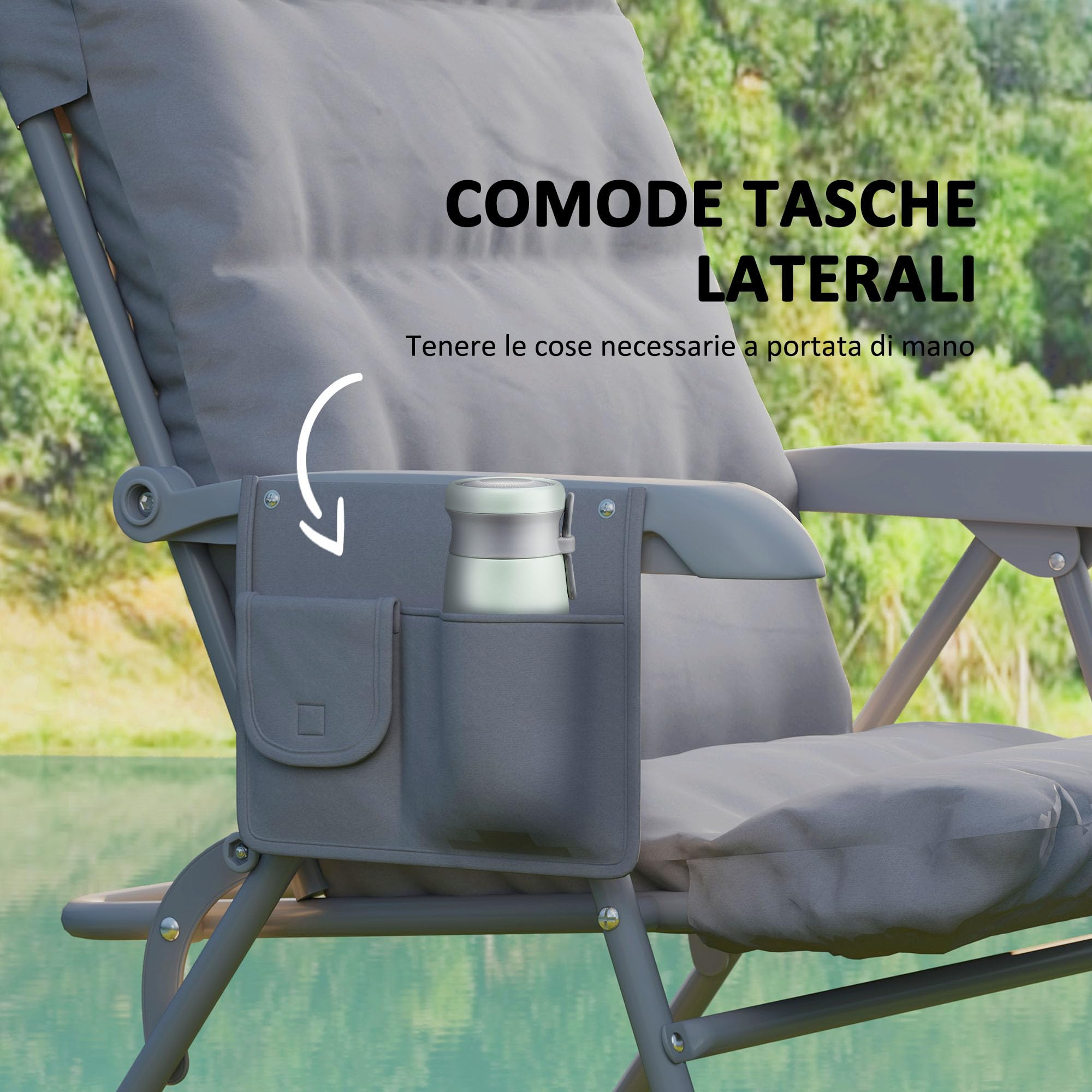 Outsunny Sedia da Campeggio Pieghevole con Schienale Alto Regolabile su 5 Livelli e Tasche Laterali, Sedia da Giardino in Tessuto Oxford e Metallo, Portata Fino a 120 kg, 66x58x105 cm, Grigio Chiaro