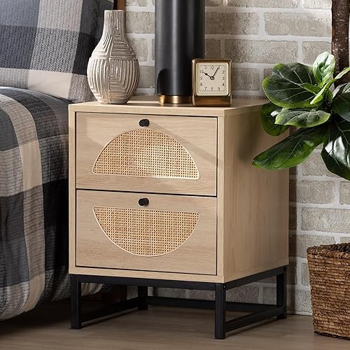 Miniatura 2 de Baxton Studio Ardon - Mesa auxiliar bohemia con 2 cajones de madera con acabado marrón claro y metal negro con ratán natural