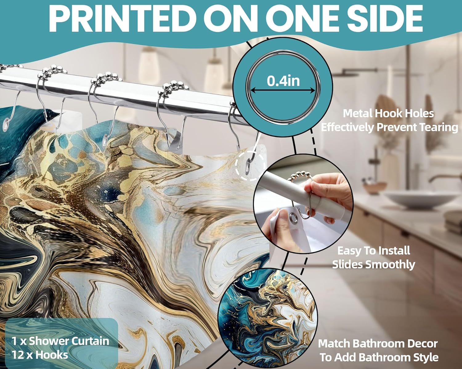 Teal and Gray Marble Shower Curtain Turquoise Aqua Gold Swirl Shower Curtains for Bathroom Decor, Waterproof Cloth Fabric with Hooks 70 X 72 Inch - Image 6