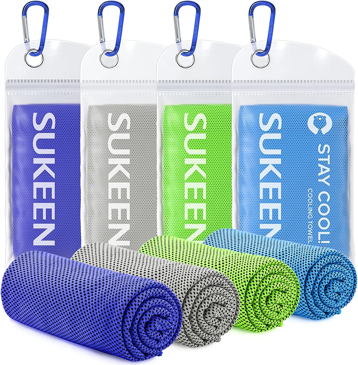 Sukeen Royal Blue/Grey/Green/Blue Cooling Towel 4 Pack, Coolings Towels For Neck Cool Towel For Instant Cooling Relief, Cold Towels For Hot Weather Cooling Scarf For Neck For Running Golf Hiking & Outdoors Sports