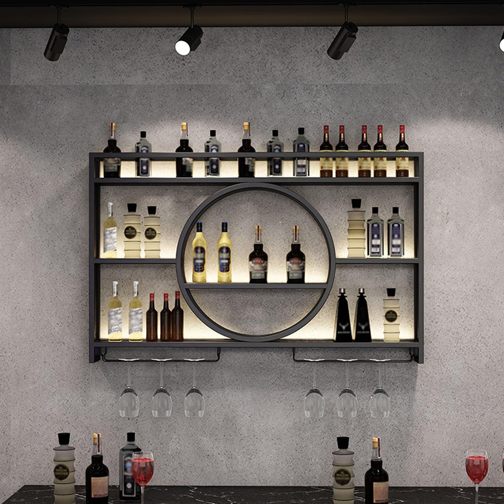 Casier à vin mural en métal avec support à verres à pied suspendu
