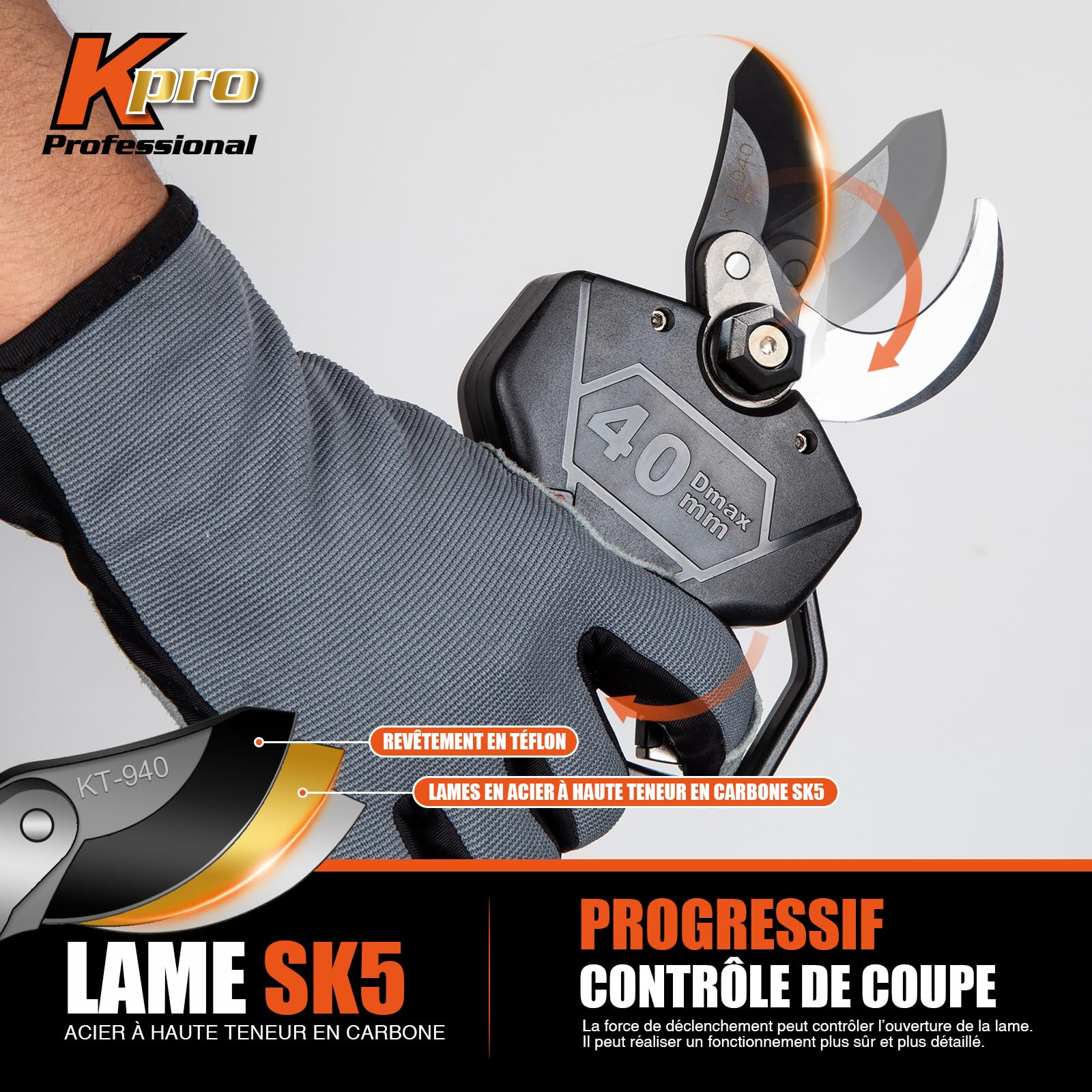 Kebtek Sécateur électrique avec Perche Télescopique Kit - Professionnel Sécateur à Batteries - Moteur Sans Balais 18 V - Diamètre de Coupe 40mm, 2 Pack Batteries