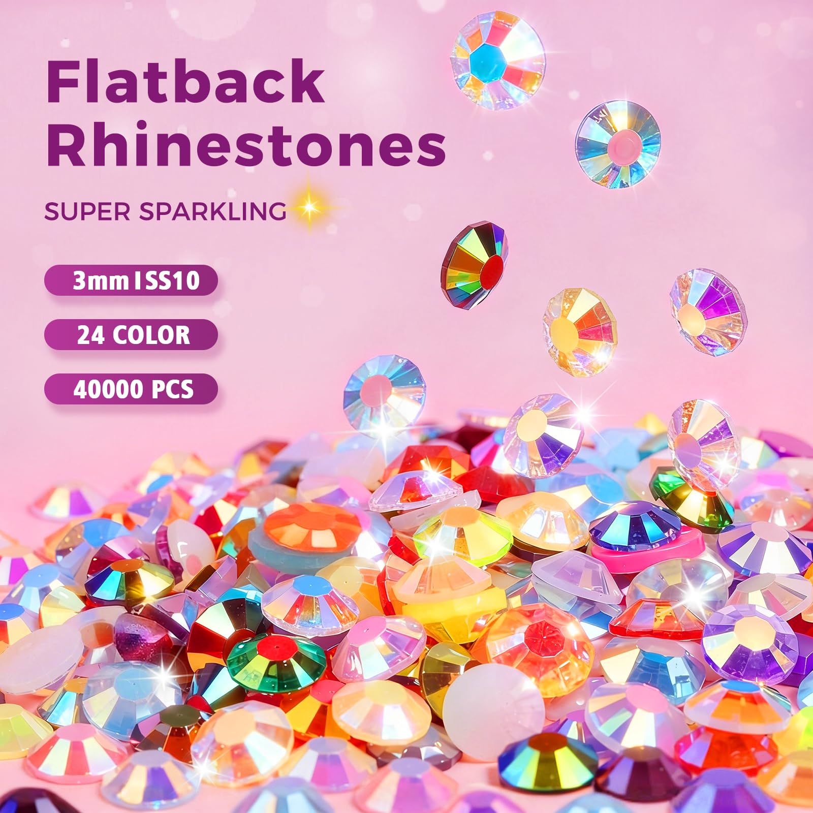 Redtwo 40000Pcs Resin Jelly Rhinestones for Bedazzling, 24 Colors 3mm Flatback Rhinestones, Bedazzling Kit with 4Pcs B7000 Jewelry Glue and Tools, Bedazzler Kit for Crafting Book Clothes Makeup Shoes - 3