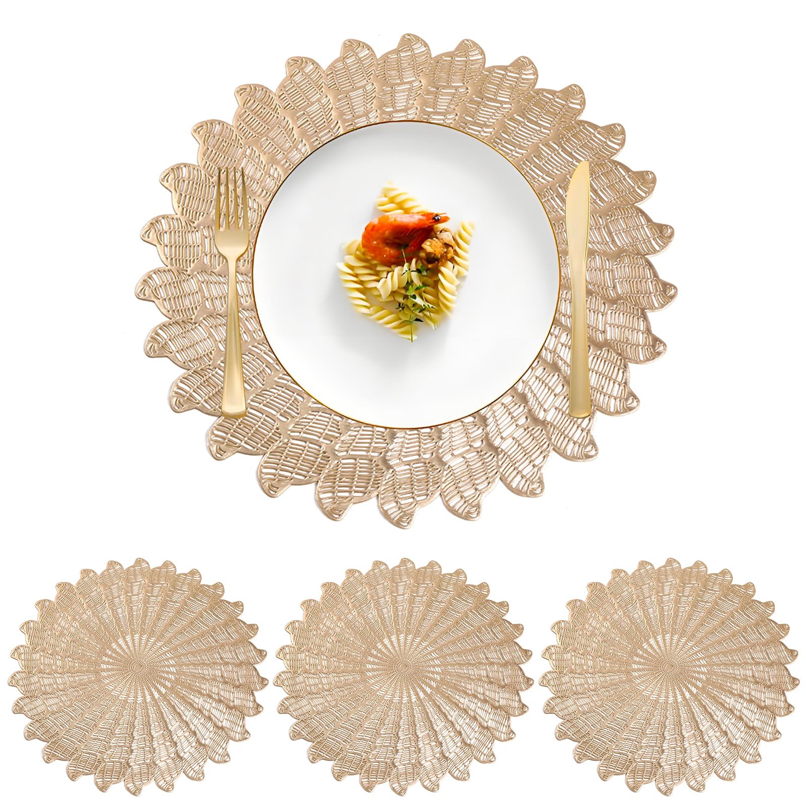 jiuzcare Platzsets Abwaschbar 4er Set, Tischsets Abwaschbar Rund 38 cm, Platzset Gold aus PVC, Platzdeckchen Rund (Esstisch Küche Restaurant Deko)