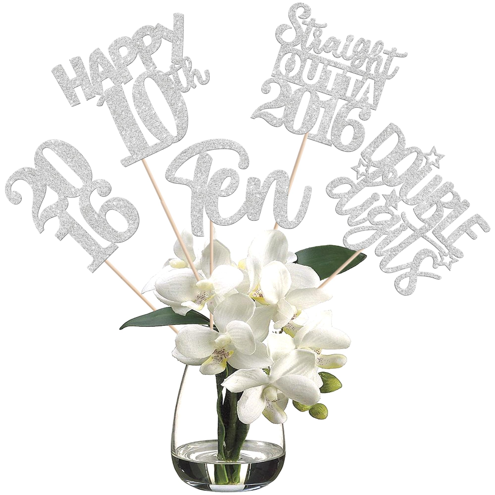 15 PCS 10th Birthday Centerpiece Sticks Ten Happy 10 Straight Outta 2016 Table Flower Centerpieces Sticks Cheers to 10 Floral Decorations for 10th Birthday Party Centerpieces Supplies Silver