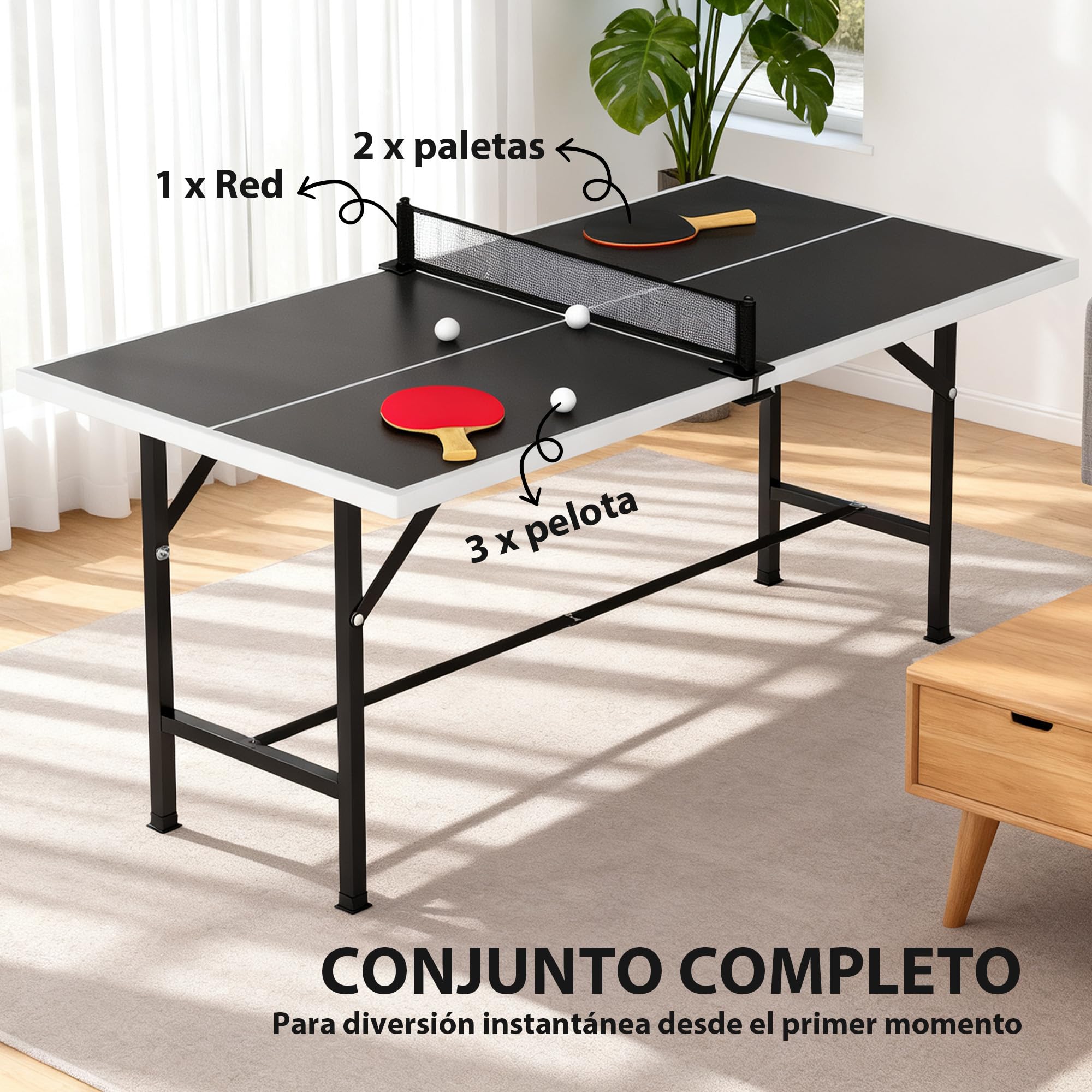 SPORTNOW Mini Mesa de Ping Pong Plegable 152x76x70 cm, Exterior con Red, 2 Raquetas y 3 Pelotas, Negro