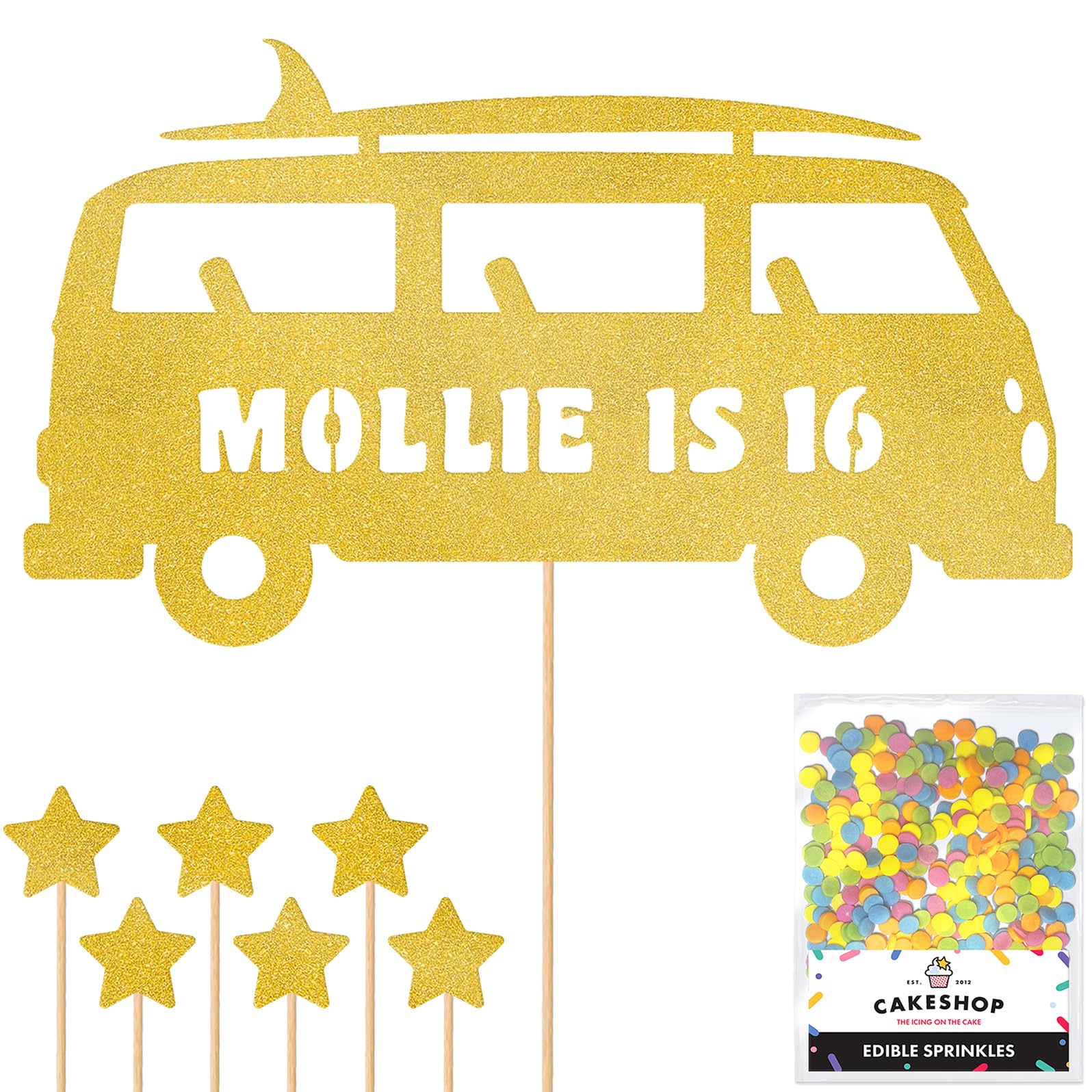 Personalised 60's Camper Surfer Surf Glitter Cake Topper- Gold Any Custom Age & Name Glitter Cake Decoration and Sprinkles - Happy Birthday Decorations - Personalised Toppers for Cakes by Cakeshop