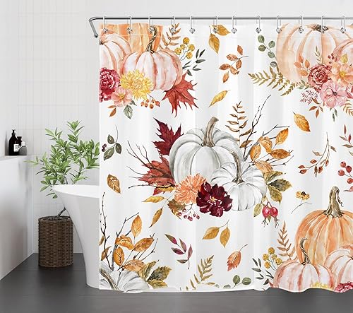 Miniatura 2 de Cortina de ducha de otoño para baño, cortina de ducha floral de calabaza rosa y naranja con hojas de arce sobre blanco con ganchos, cortinas de baño