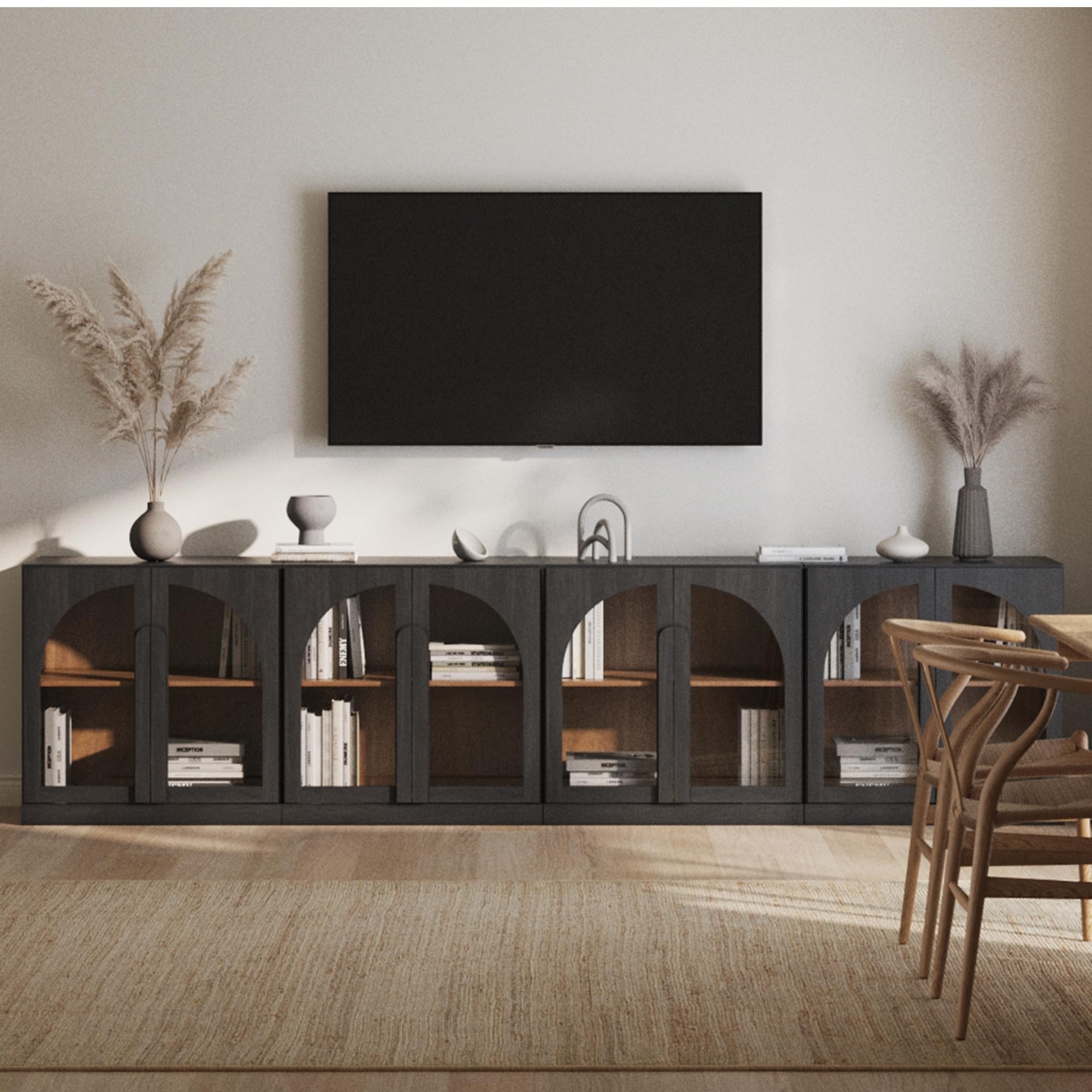 BELLEZE 65 Inch Fluted Buffet Cabinet with Storage, Symmetrical Arc Accent Sideboard Large Console Table for Dining Room, Kitchen, and Living Room (Camel) — view 32