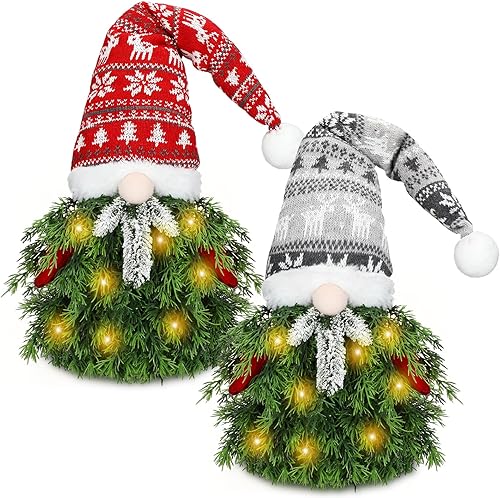 VIHOSE 2 piezas de árbol de Navidad de gnomo de 23.6 pulgadas, árbol de Navidad artificial pequeño con luces, árbol de Navidad preiluminado para