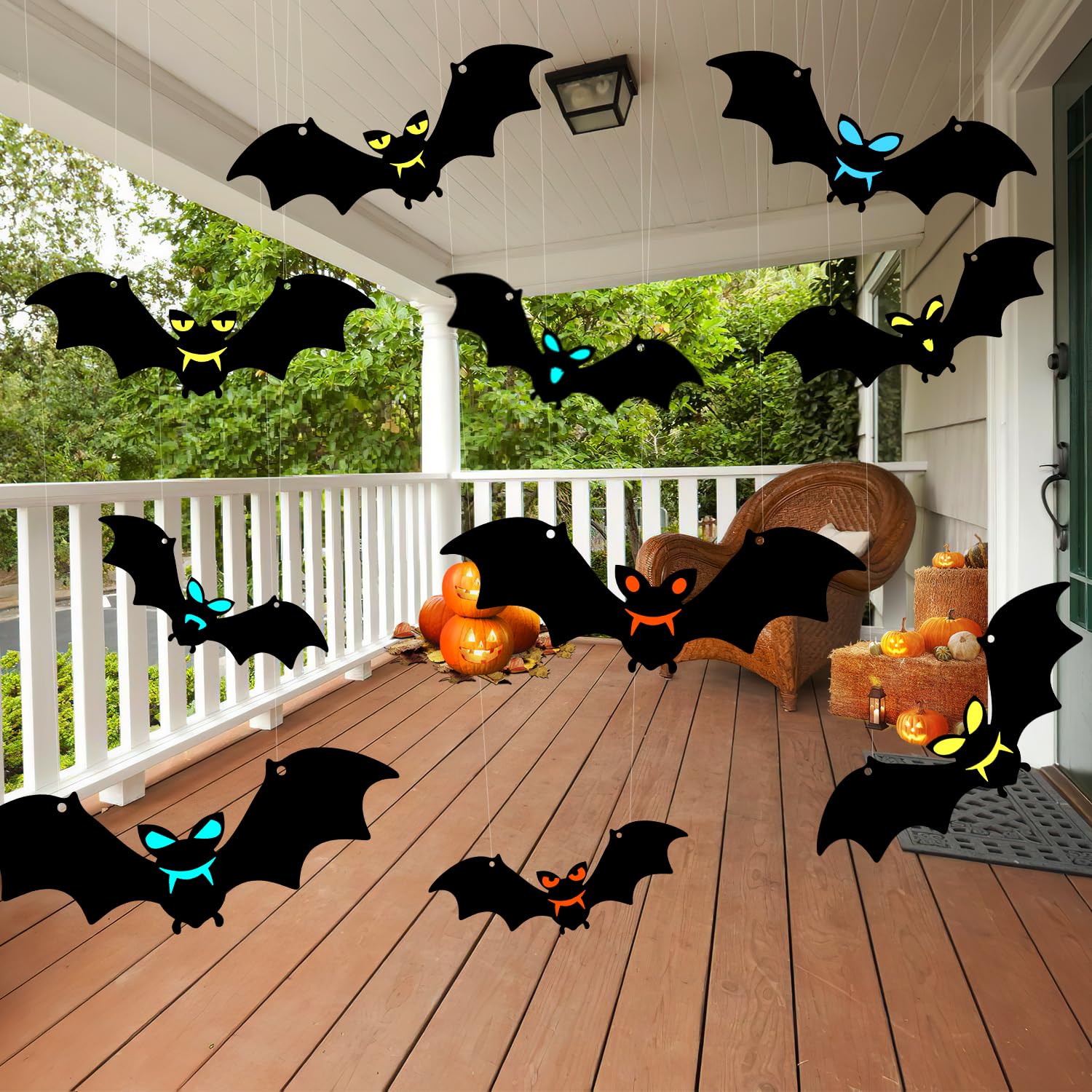 OWill 12PCS Hanging Bats Halloween Decorations Plastic Flying Bat Hanging Decorations with Glowing Eyes Hanging Bats & Stick on Bats for Halloween Decor Party Yard Outdoor Décoro