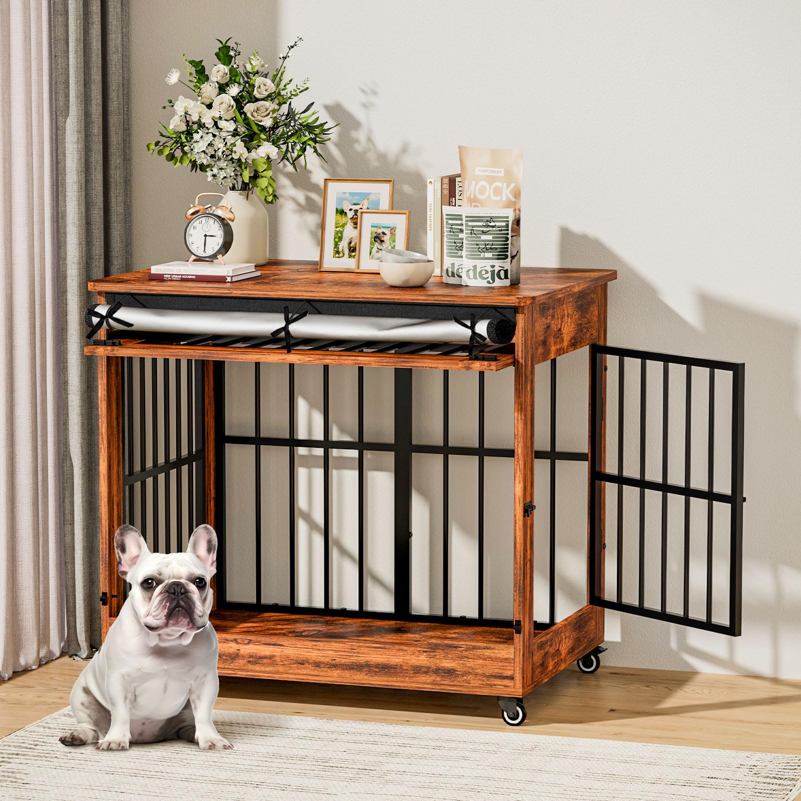 38" Dog Crate Furniture, Double Door Wooden Indoor Dog Kennel Furniture, Decorative Pet Cage End Table with Wheels for Large and Medium Breed Dogs, Size L, Vintage Brown