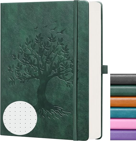 ZXHQ A5 Bullet Dotted Journal Dotted Notebook 150gsm Thick Paper 256 Pages Dot Grid Hardcover Tree of Life Design Fine Inner Pocket - 15 × 21 cm Dark Green