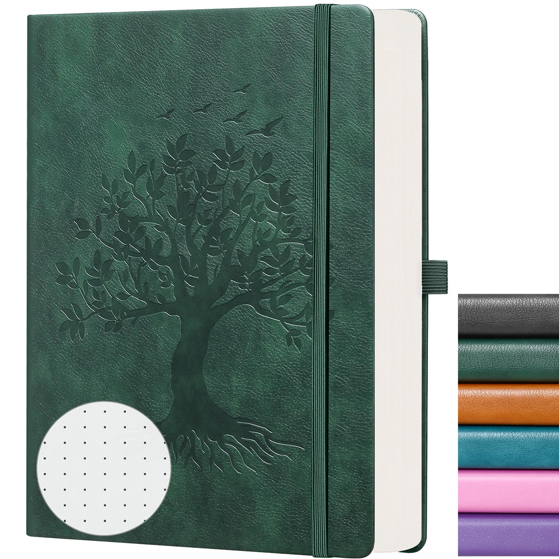 ZXHQ B5 Dotted Journal-150 gsm Thick Paper 256 Pages, Dot Grid Notebook, Tree of Life Design, Fine Inner Pocket - 7.7" × 10" Dark Green