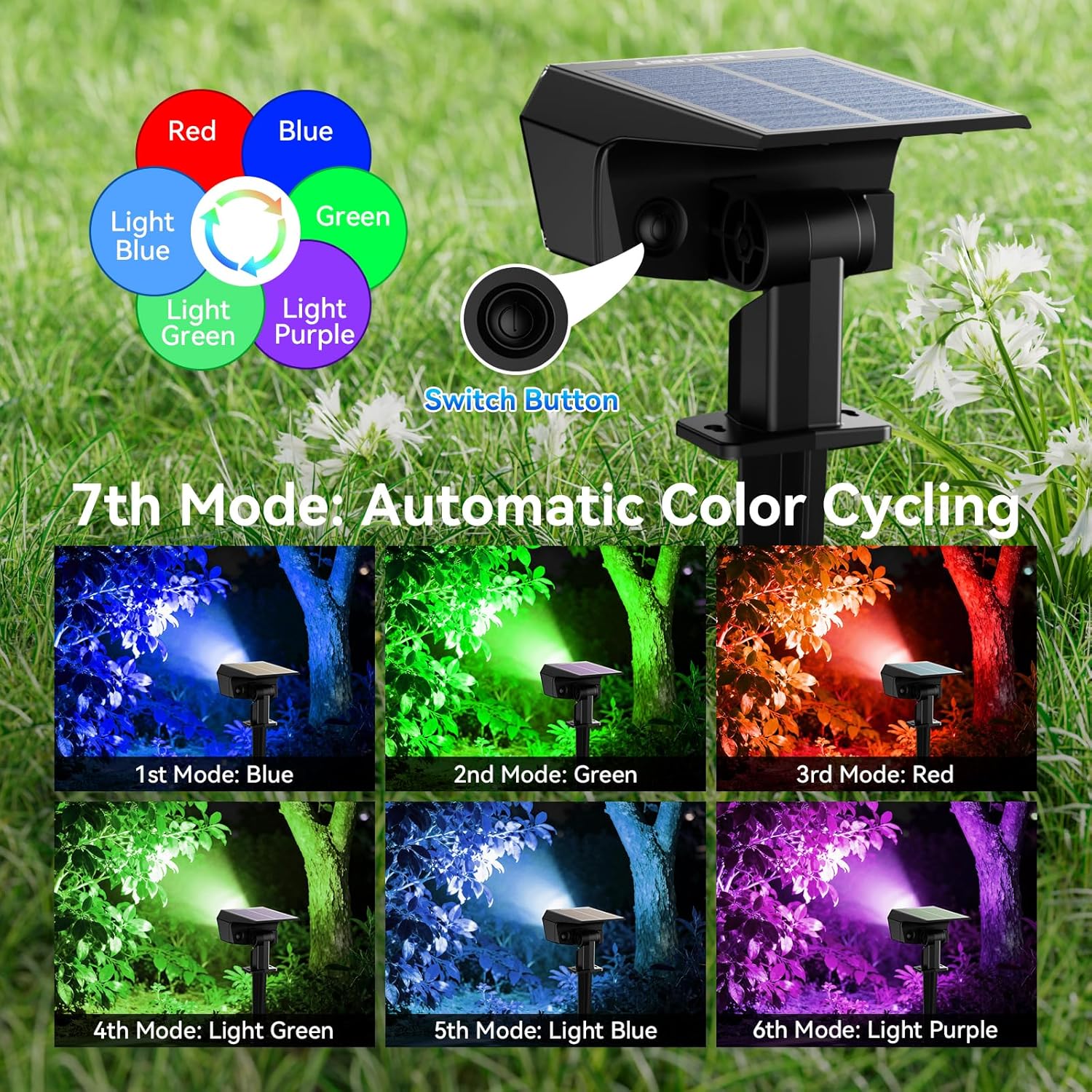 TECKNET Solar Color Changing Lights, 7 Lighting Modes Solar Spot Lights Outdoor Waterproof IP68, 4 Pack Multicolor RGB Outdoor Lights for Garden Yard Landscape Decor (RGB)
