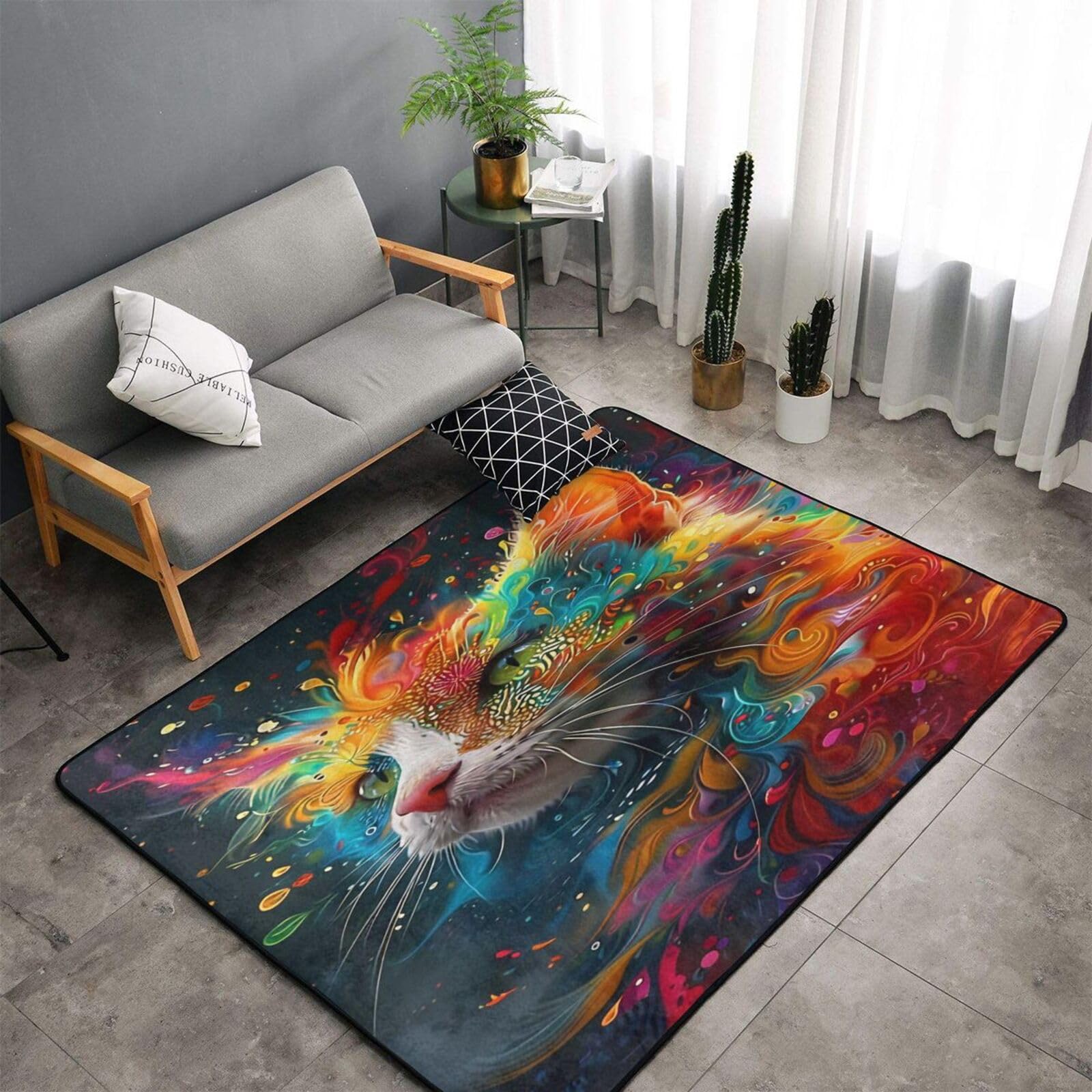 Alfombra Gato Cósmico Colorida para Dormitorio Juvenil y Cuarto de Juegos