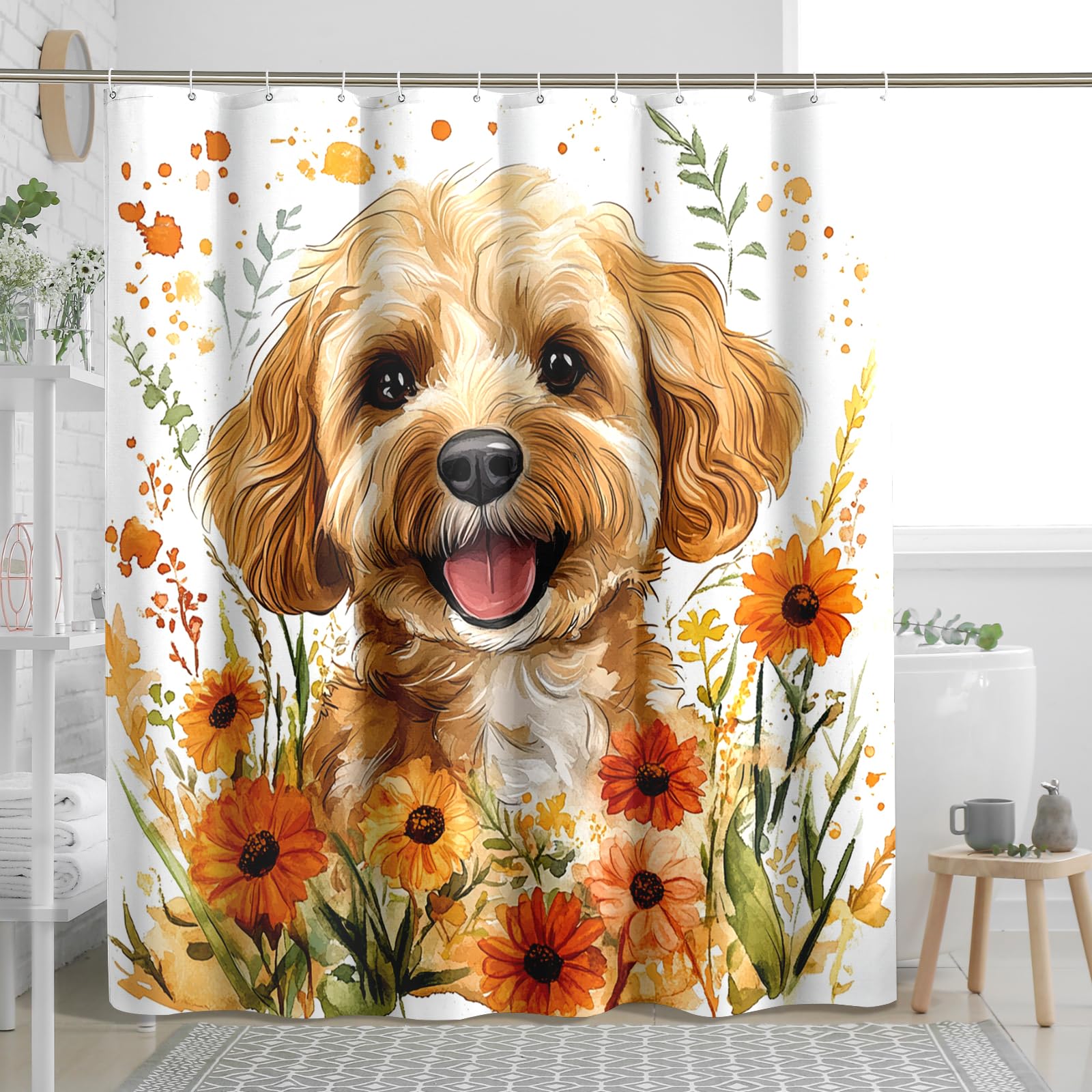 Fall Watercolor Cockapoo Dog Shower Curtain, Autumn Floral Pet Shower Curtains for Bathroom, Puppy Print Bath Decor Accessories Set -72 Inch