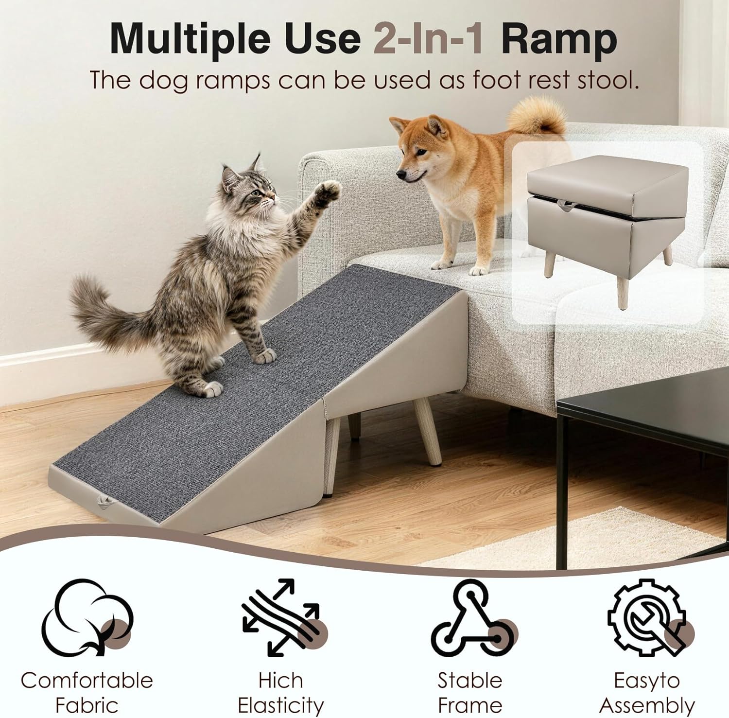 Split Ottoman Dogs Ramp, Dog Ramp for Couch and Bed, Dog Stairs for Small Dogs and Cats, 2-in-1 Foldable Wooden Pet Stairs and Ottoman,Non-Slip Fabric Surface Ramp for Couch and Bed Gray XXXL