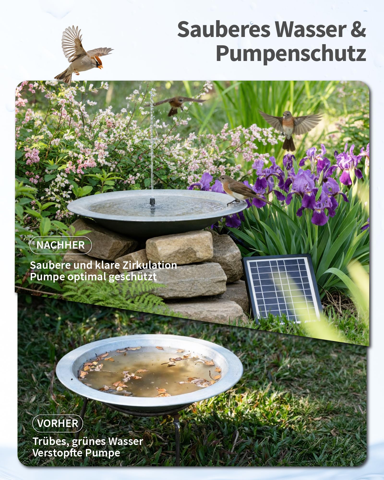 POPOSOAP 4 W Solar Springbrunnen mit Filter, Solar Teichpumpe für Vogelbad Fischbecken, Erzeugt Schöne Wasserinszenierungen & Reinigt Wasser